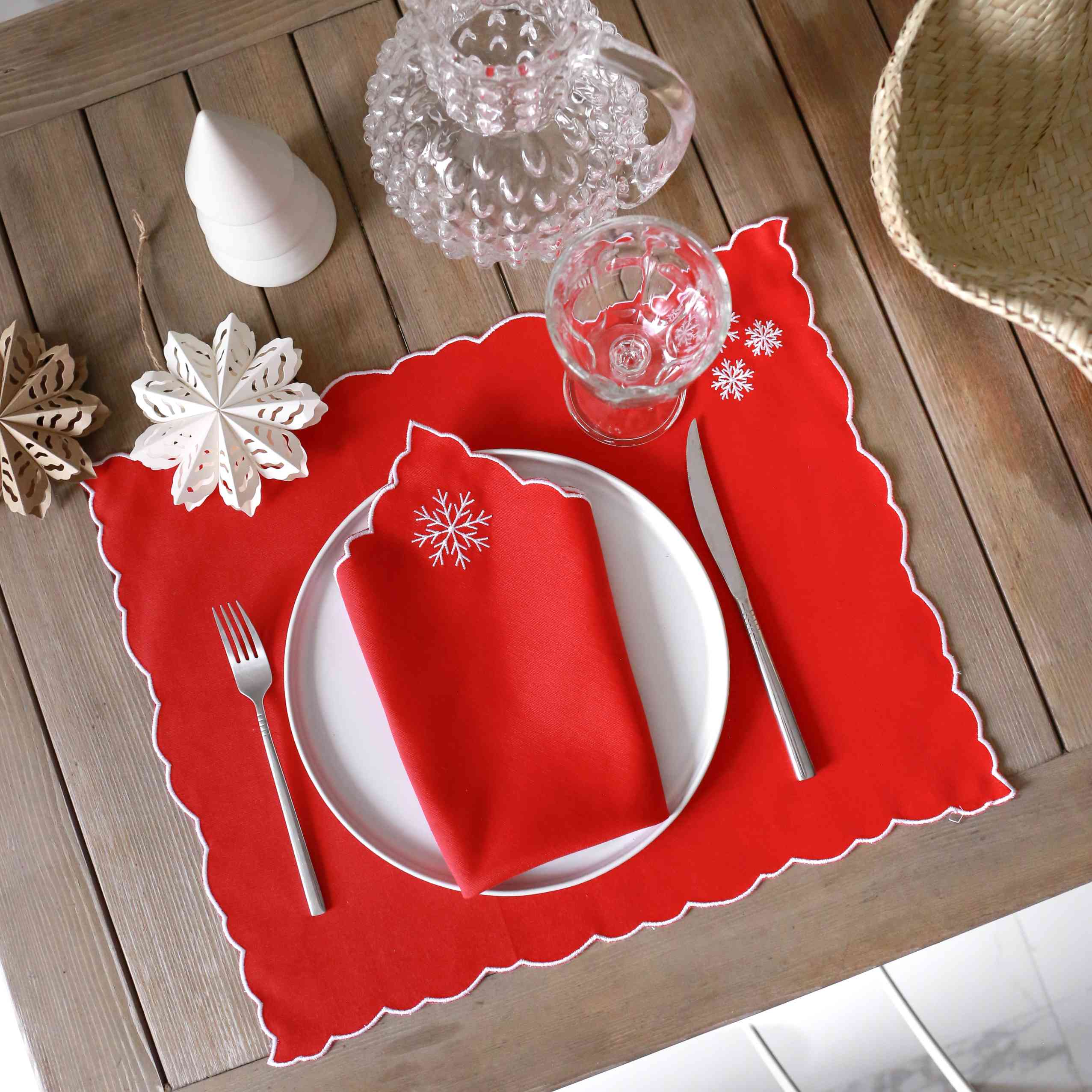 KM Home Collection-2'li Set Kar Tanesi İşlemeli Pamuk Amerikan Servis-Sunum Aksesuarları-2-Milagron.com