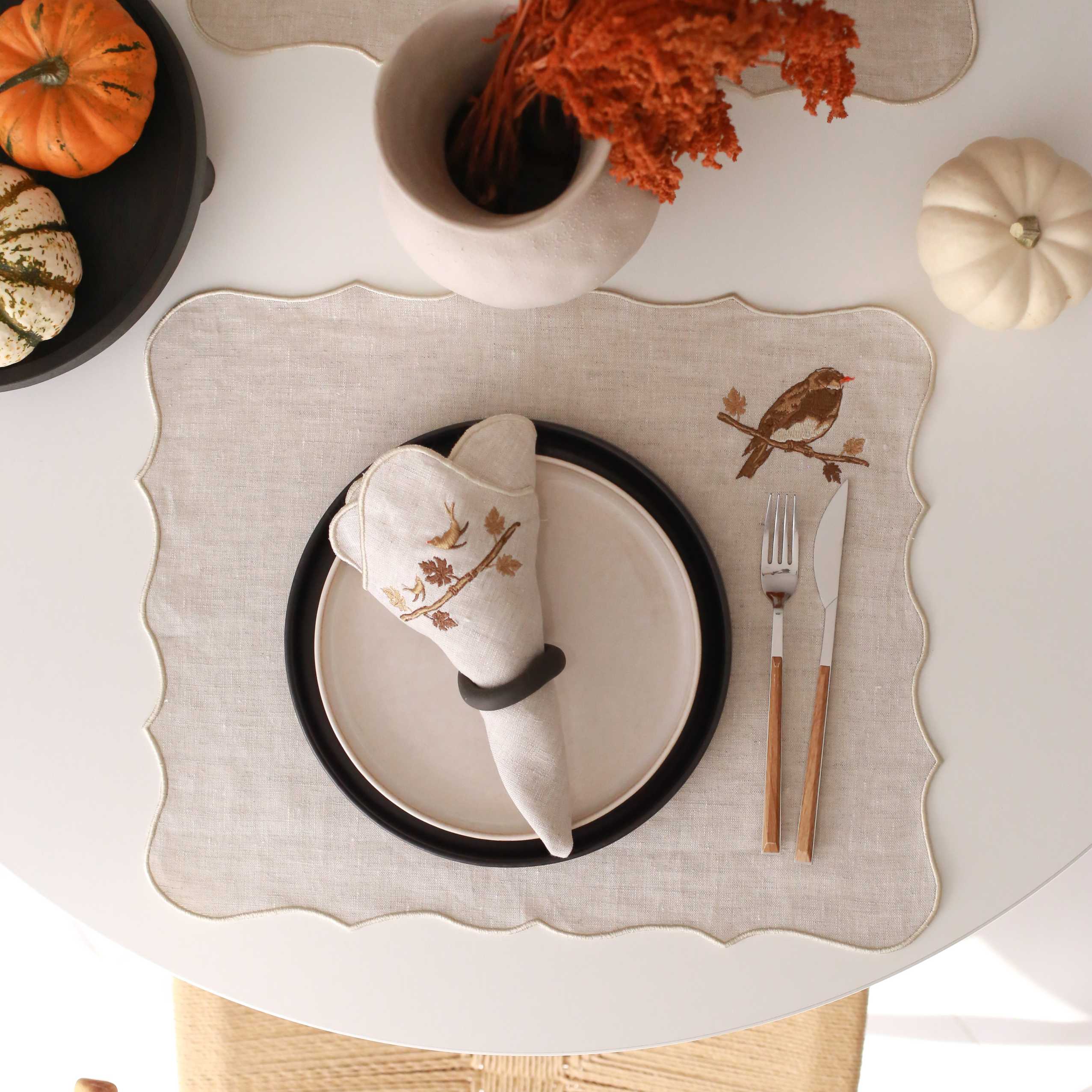 KM Home Collection-2'li Set Kuş İşlemeli Keten Peçete-Peçete-1-Milagron.com