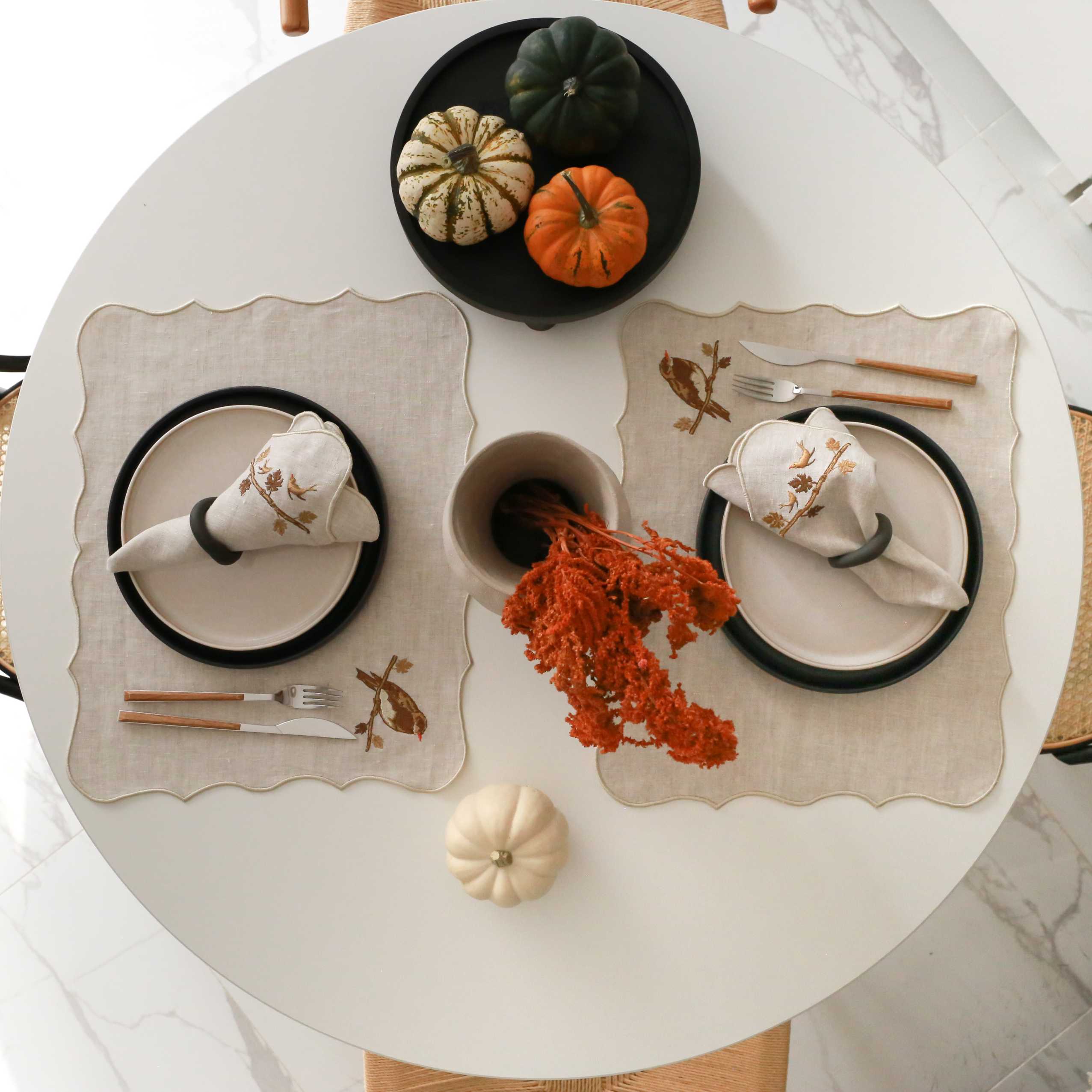 KM Home Collection-2'li Set Kuş İşlemeli Keten Peçete-Peçete-4-Milagron.com