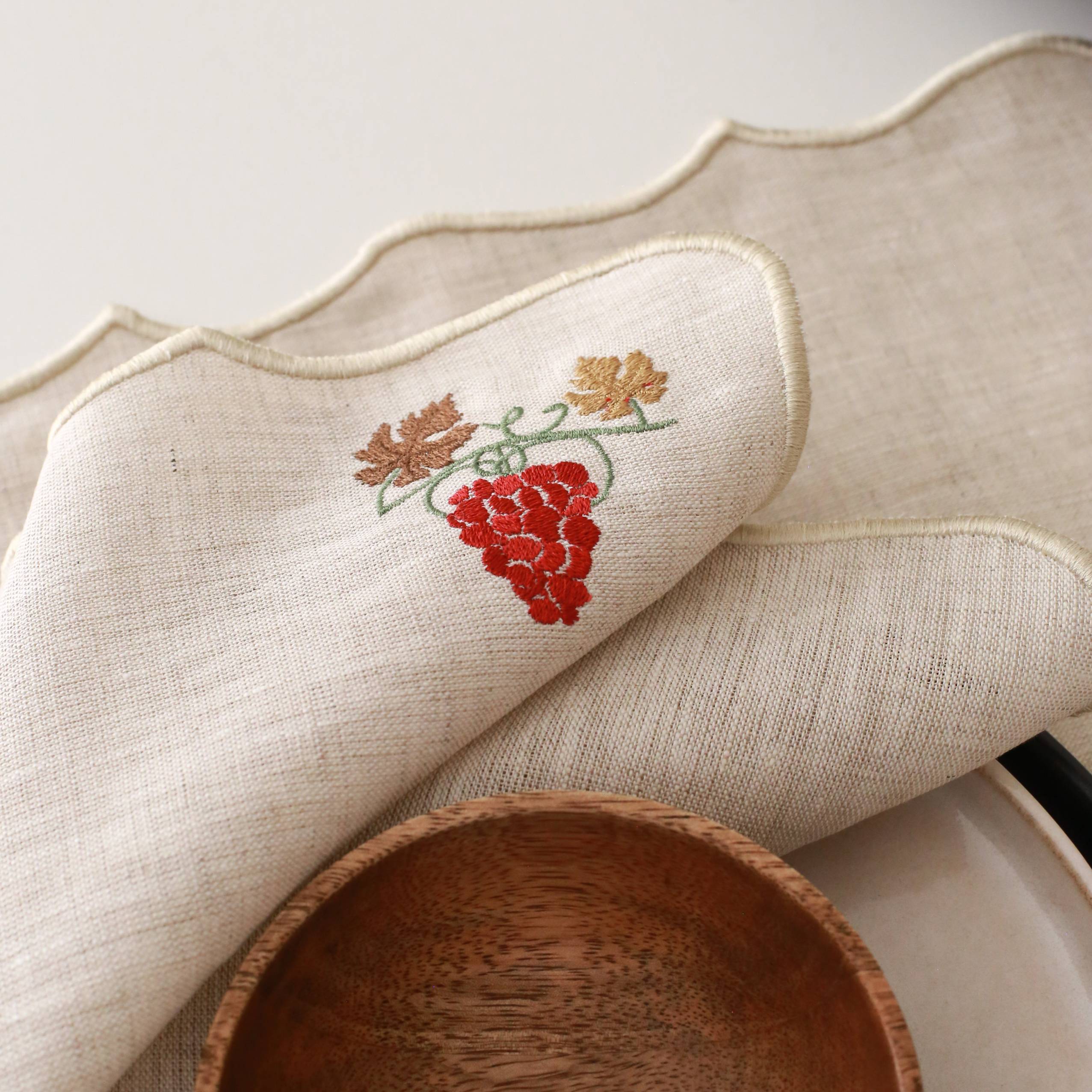 KM Home Collection-2'li Set Üzüm İşlemeli Keten Peçete-Peçete-3-Milagron.com