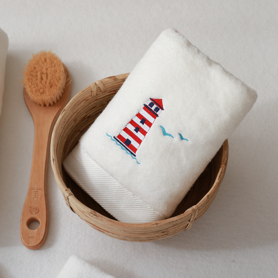 KM Home Collection-Deniz Feneri İşlemeli Yüz Havlusu-Havlu & Peştamal-1-Milagron.com