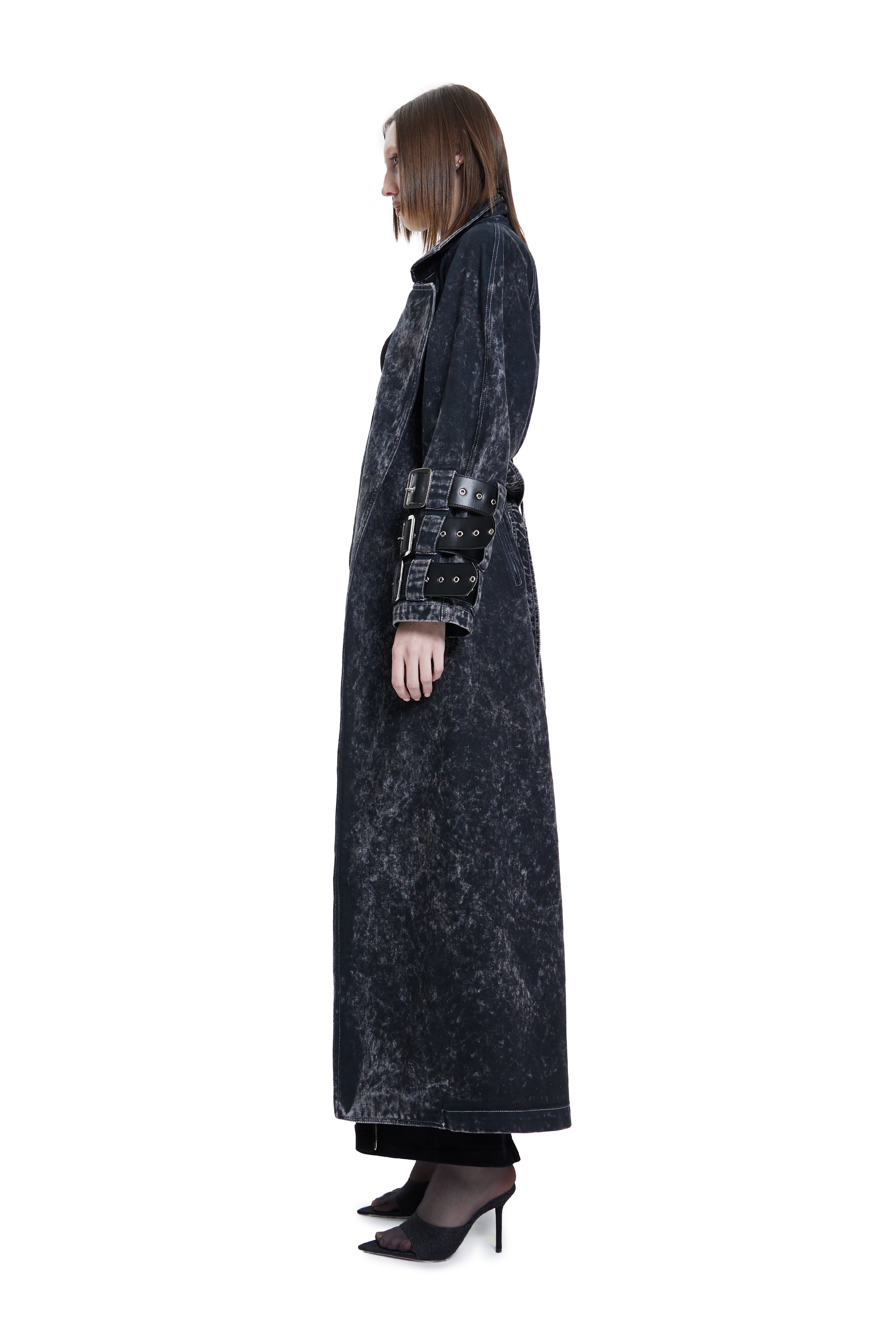 Khéla The Label-Voidwalker Trench Coat In Black Acid Wash-Trençkot-3-Milagron.com