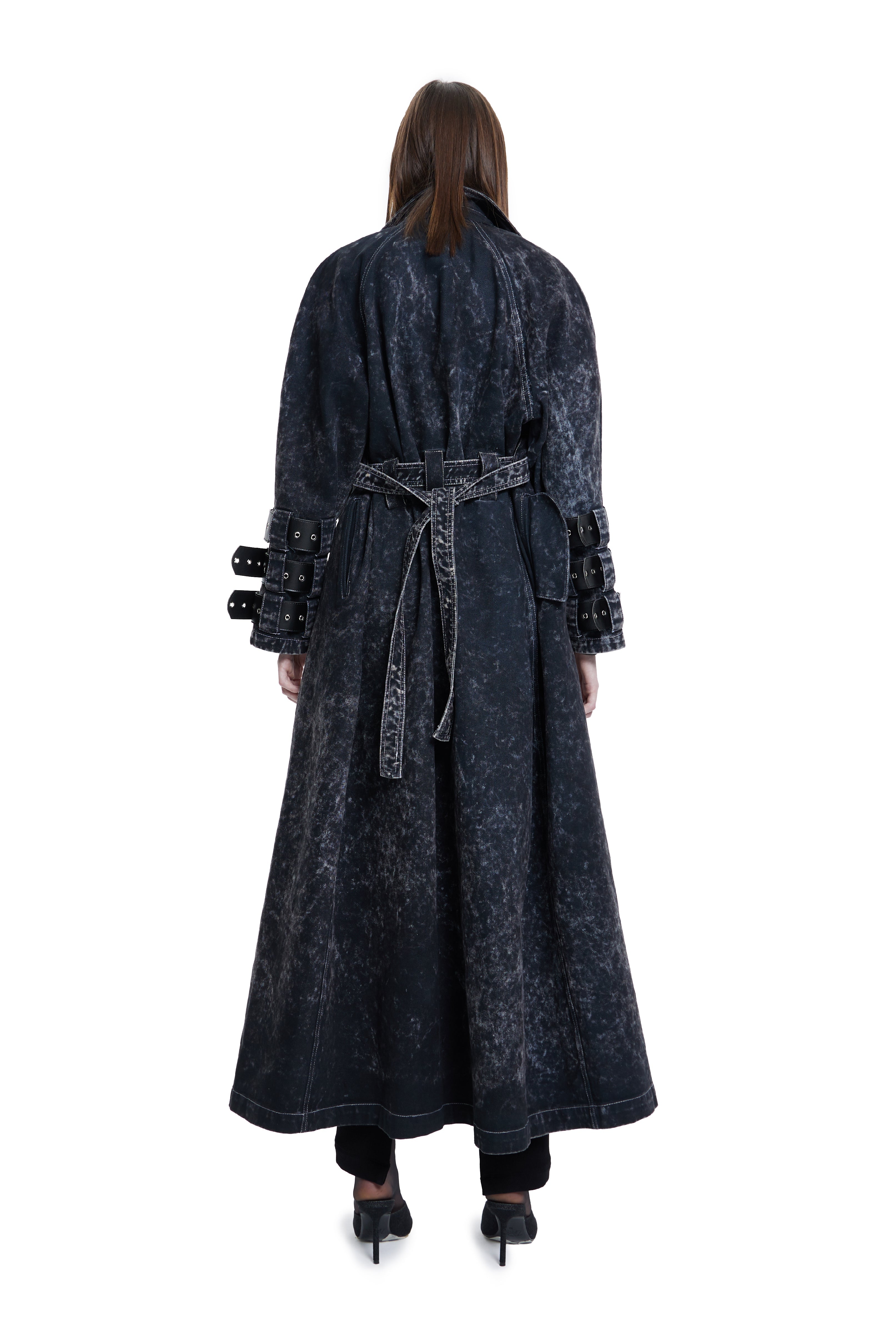 Khéla The Label-Voidwalker Trench Coat In Black Acid Wash-Trençkot-4-Milagron.com