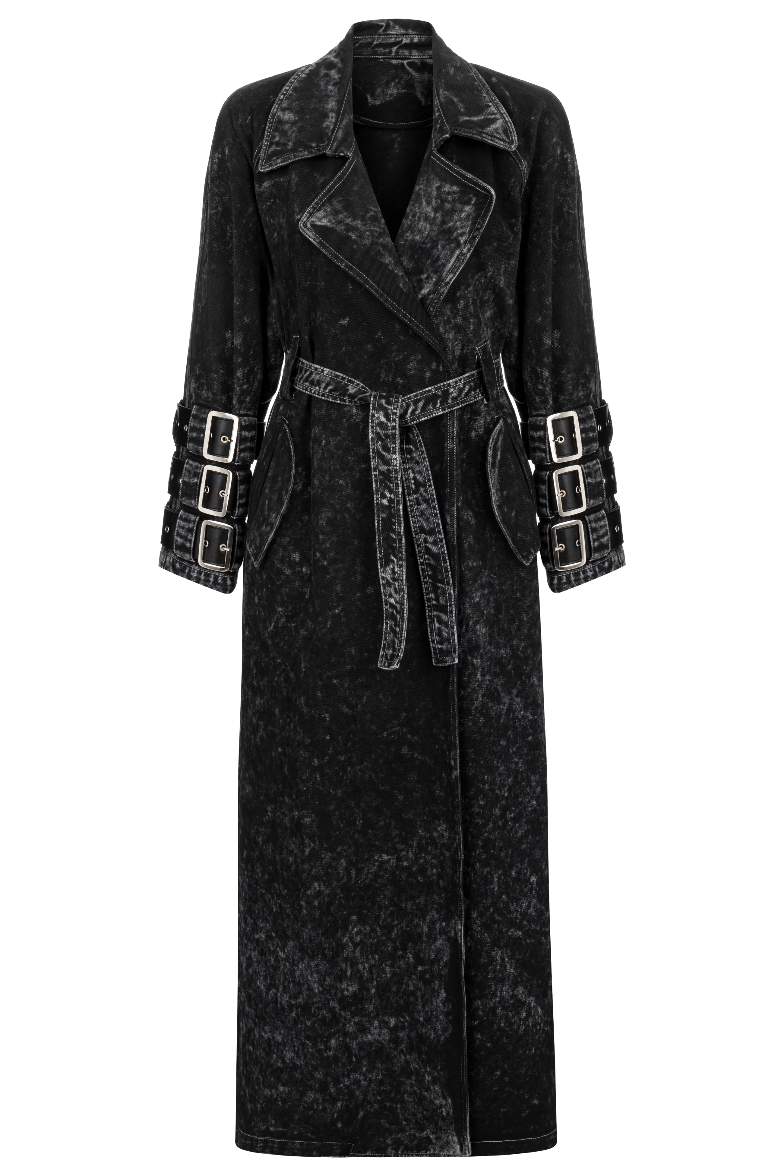 Khéla The Label-Voidwalker Trench Coat In Black Acid Wash-Trençkot-1-Milagron.com