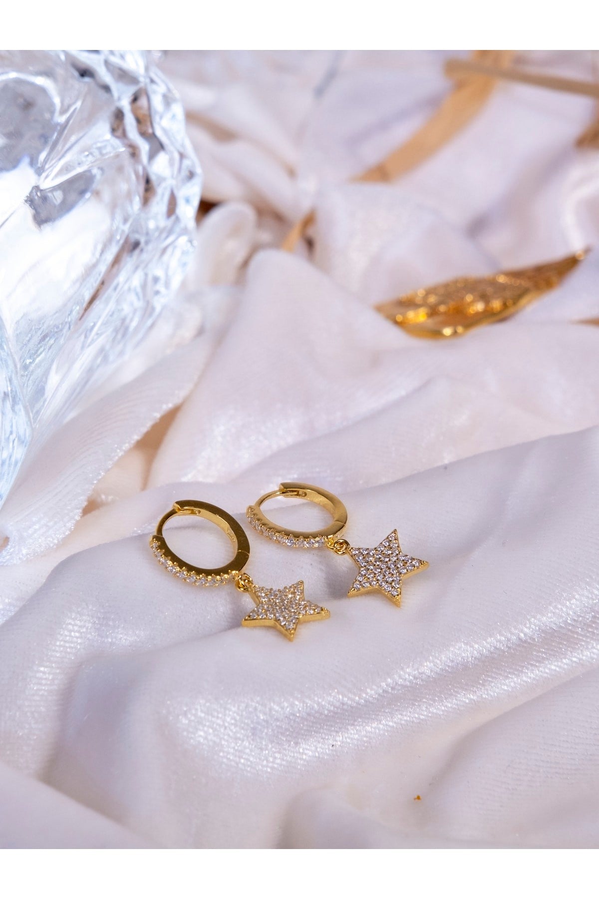 Kimolos-925 Ayar Gümüş Zirkon Taşlı Gold Renk Yıldız Küpe-Küpe-2-Milagron.com