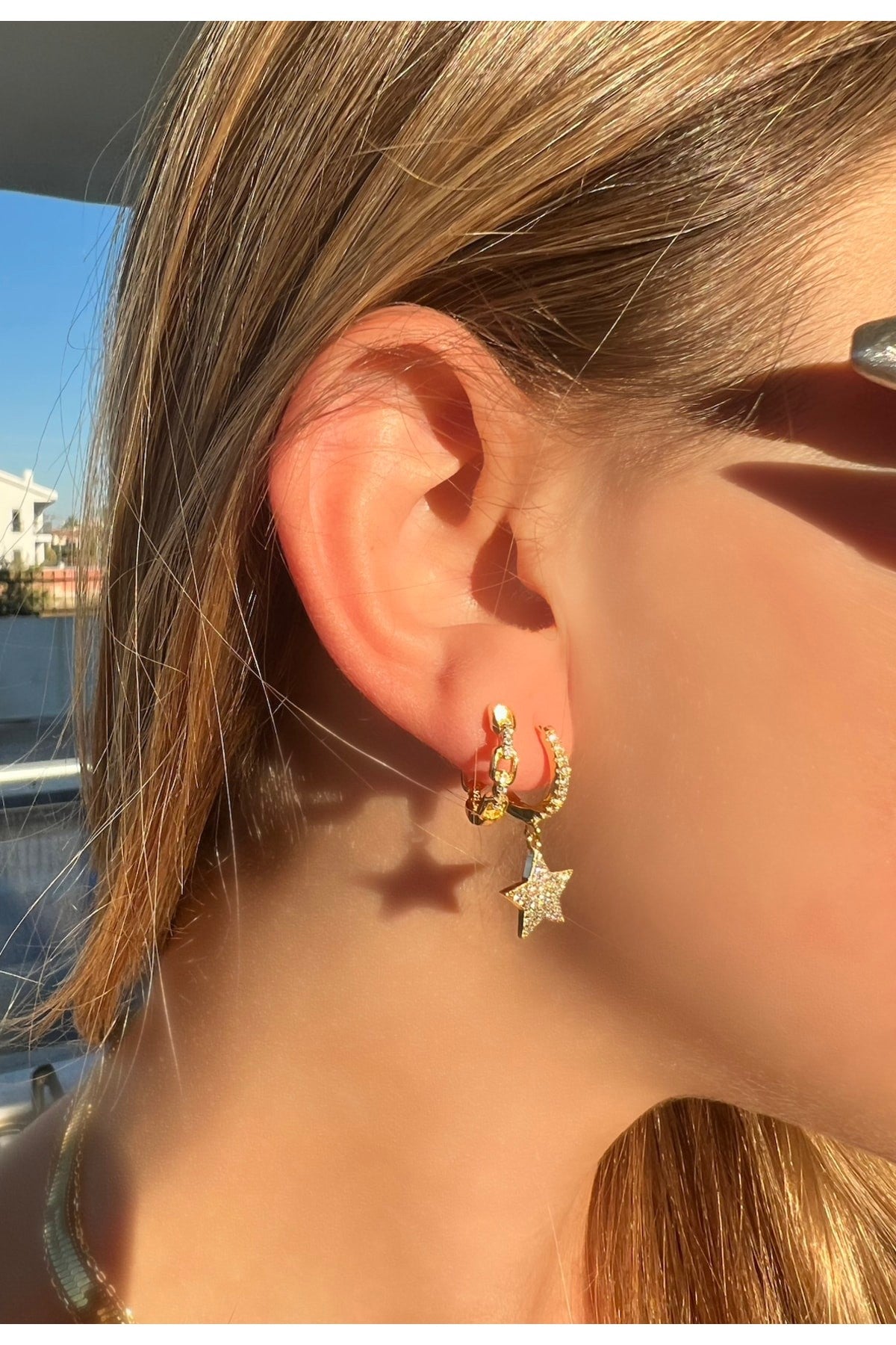 Kimolos-925 Ayar Gümüş Zirkon Taşlı Gold Renk Yıldız Küpe-Küpe-3-Milagron.com