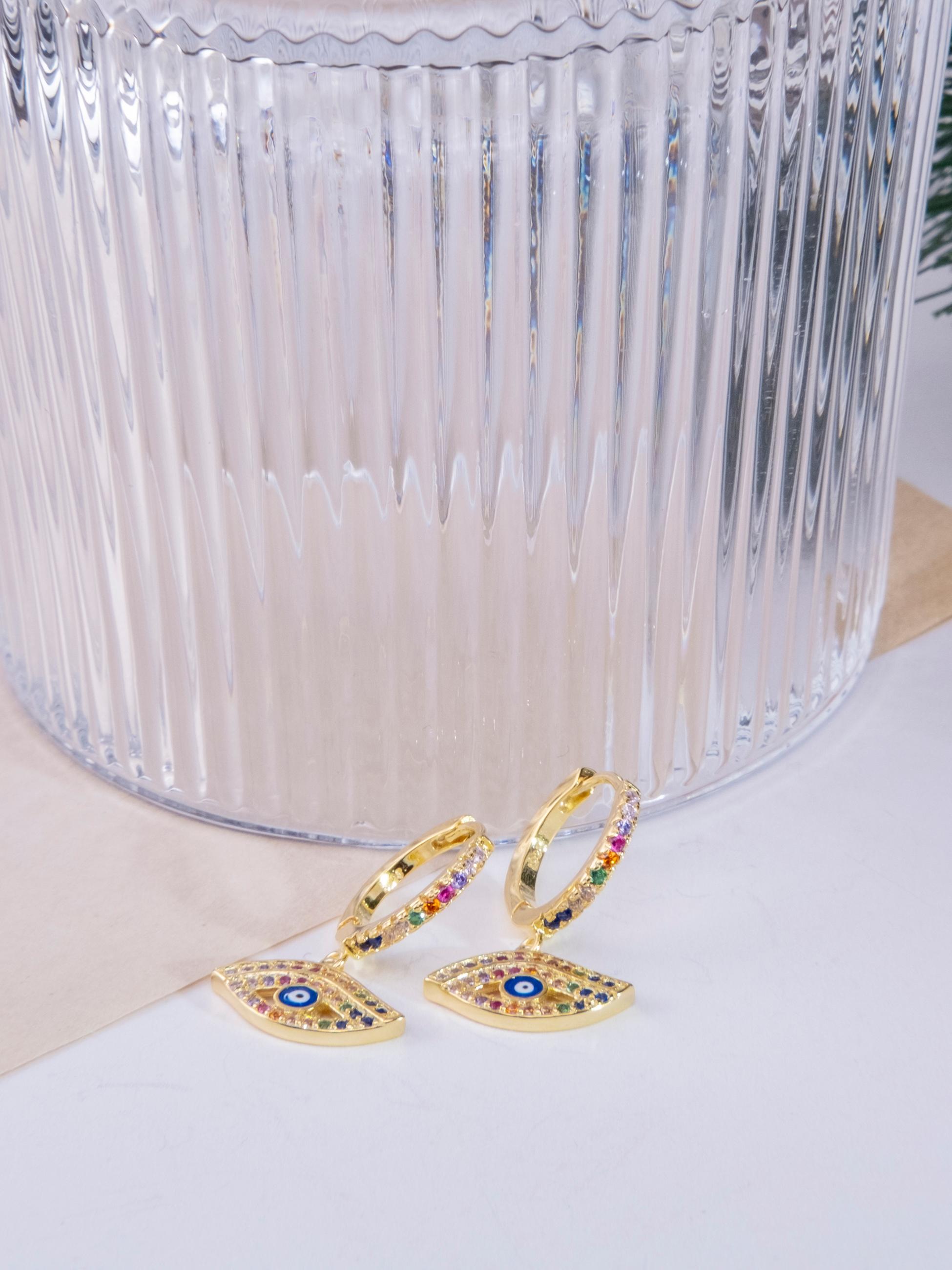 Kimolos-Ethnic 925 Ayar Gümüş Renkli Zirkon Taşlı Gold Renk Nazar Boncuklu Göz Küpe-Küpe-1-Milagron.com