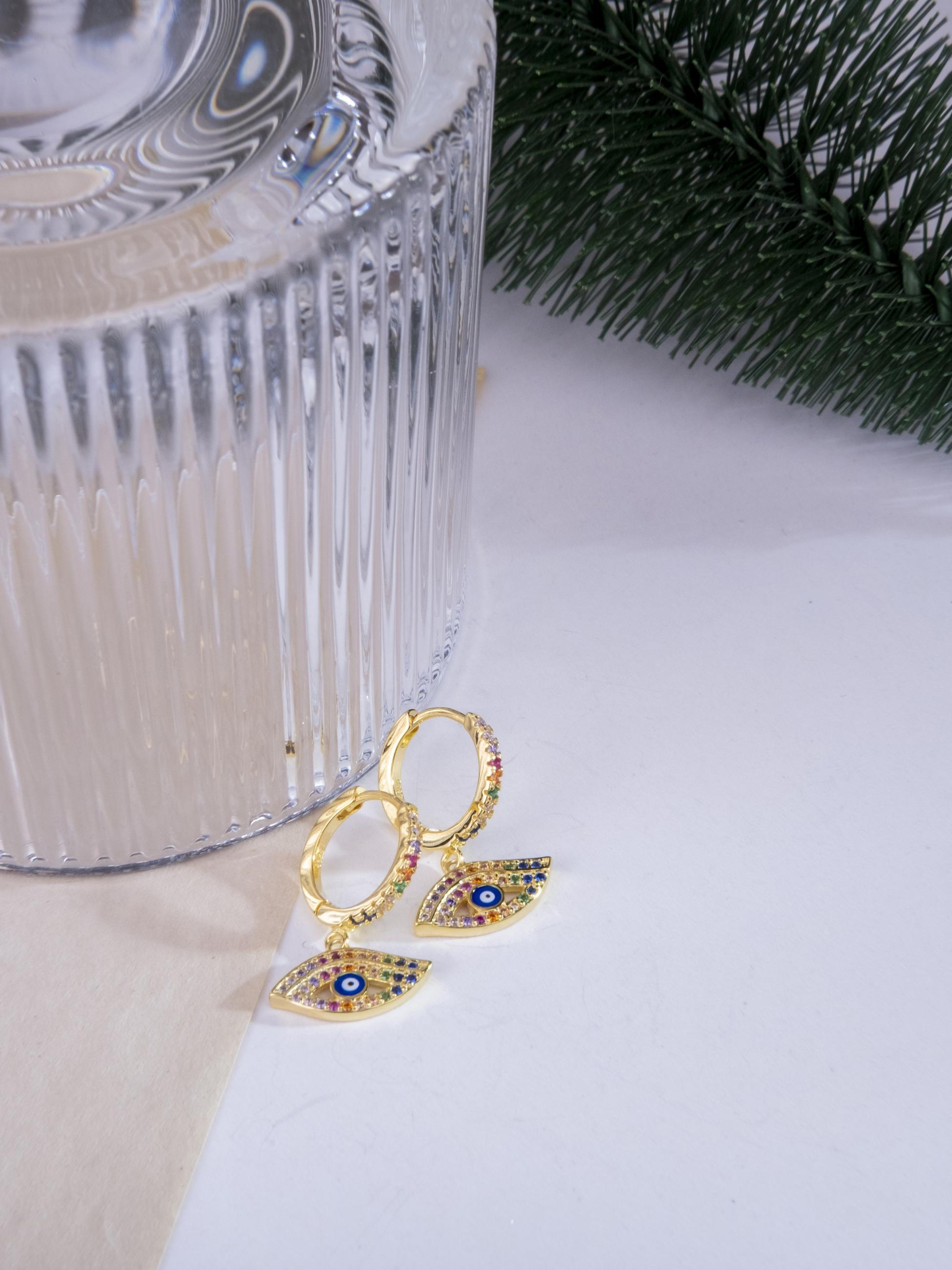 Kimolos-Ethnic 925 Ayar Gümüş Renkli Zirkon Taşlı Gold Renk Nazar Boncuklu Göz Küpe-Küpe-2-Milagron.com