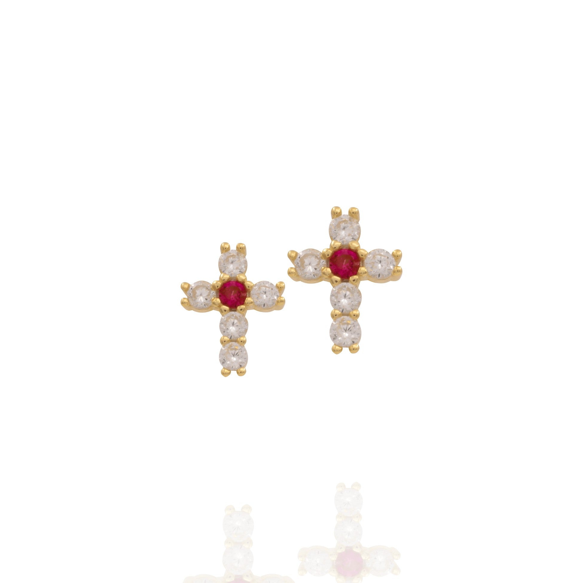 Kimolos-Mini Pink 925 Ayar Gümüş Gold Renk Pembe Zirkon Taşlı Haç Küpe-Küpe-1-Milagron.com