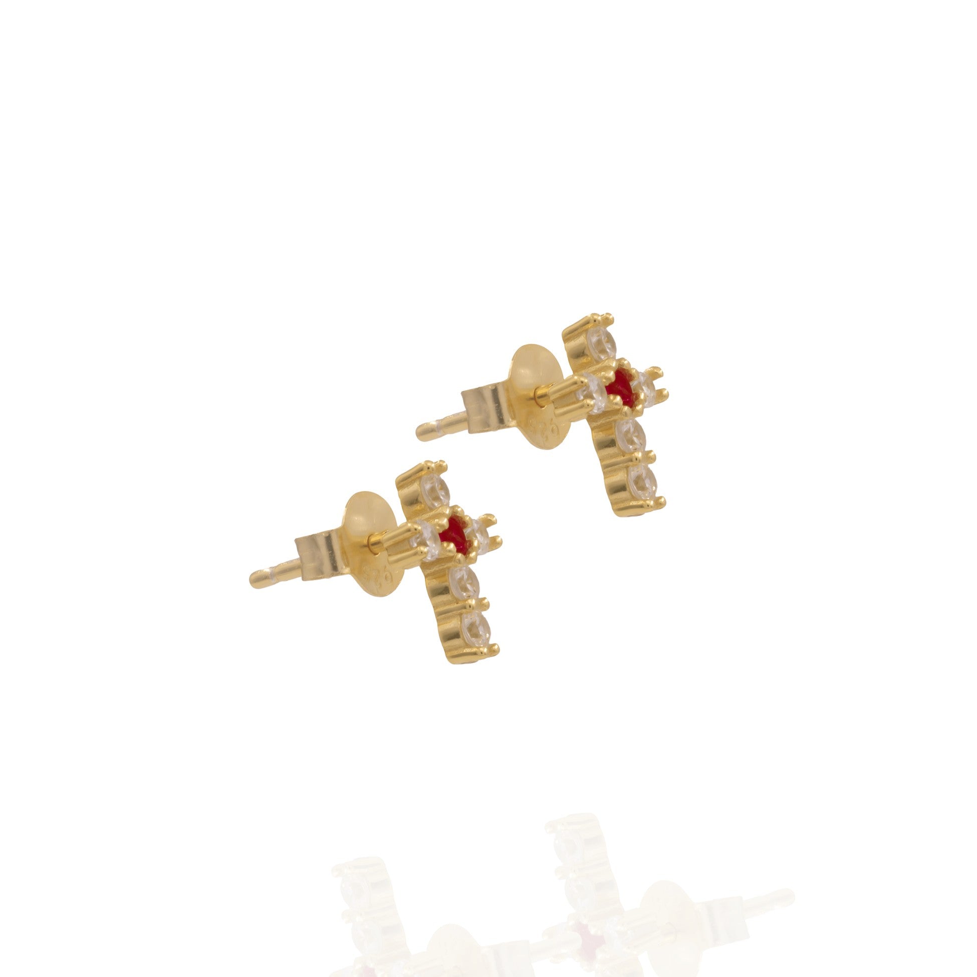 Kimolos-Mini Pink 925 Ayar Gümüş Gold Renk Pembe Zirkon Taşlı Haç Küpe-Küpe-2-Milagron.com