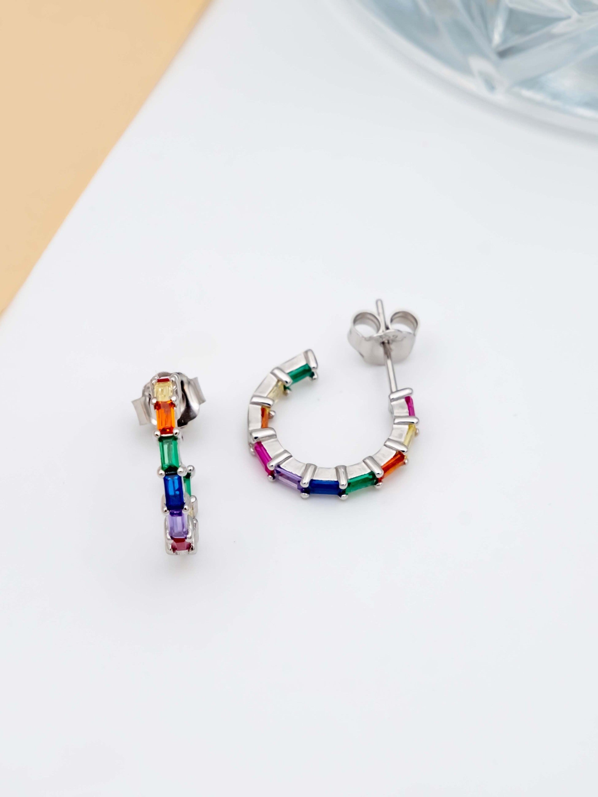 Kimolos-Rainbow Baguette 925 Ayar Gümüş Renkli Baget Taşlı Halka Küpe-Küpe-3-Milagron.com