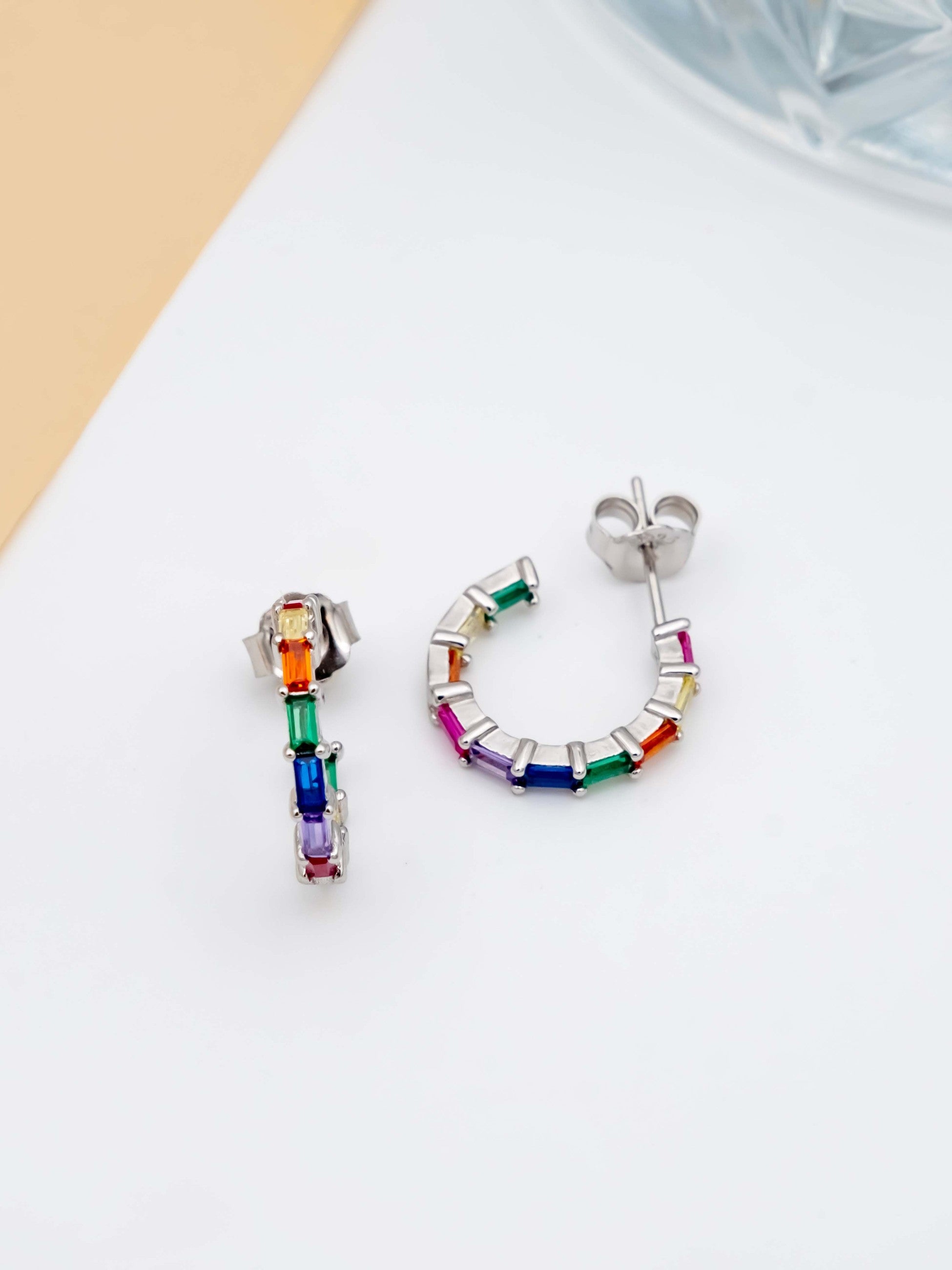 Kimolos-Rainbow Baguette 925 Ayar Gümüş Renkli Baget Taşlı Halka Küpe-Küpe-4-Milagron.com