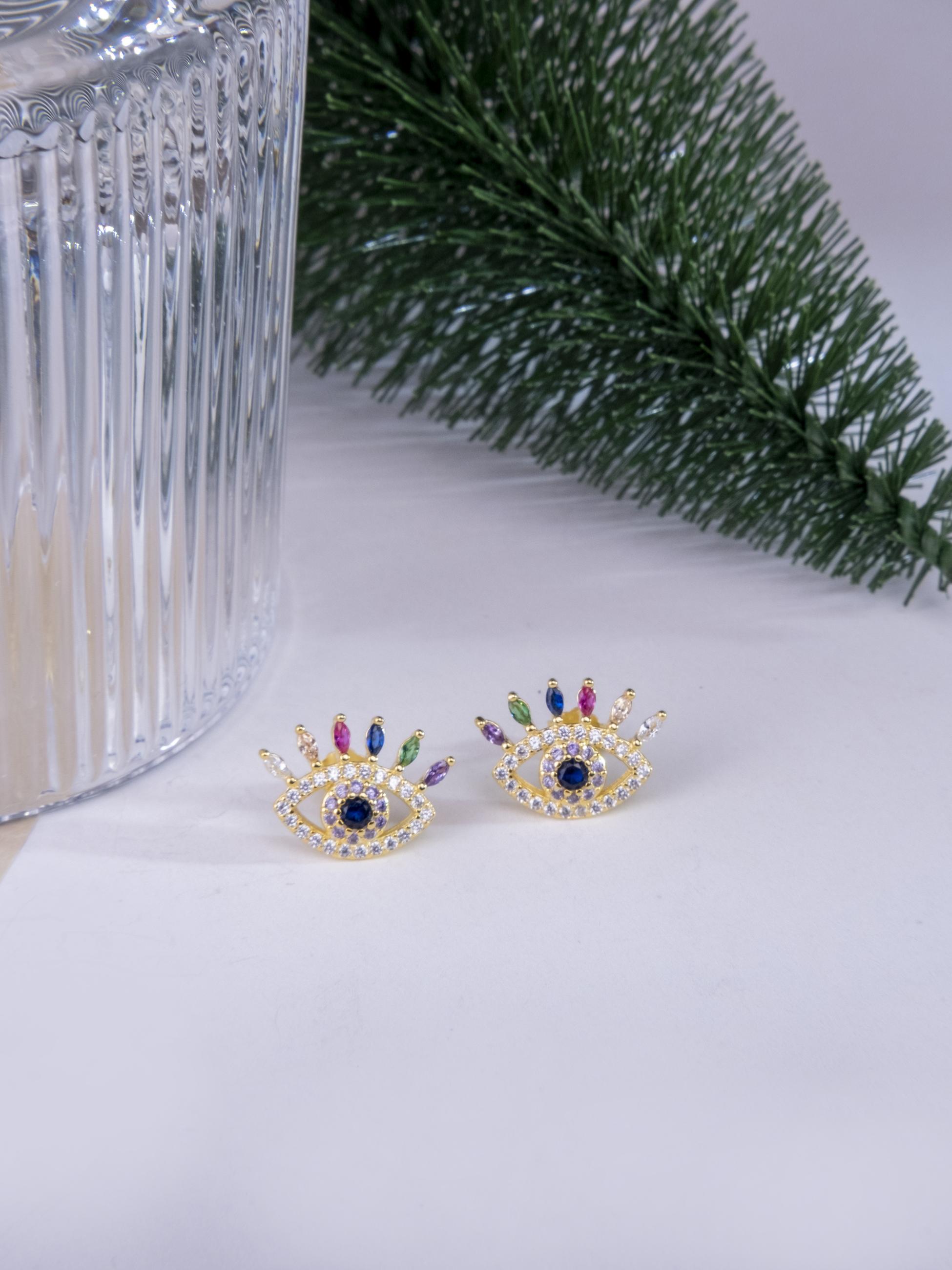 Kimolos-Rainbow Eye 925 Ayar Gümüş Zirkon Ve Renkli Baget Taşlı Göz Küpe-Küpe-1-Milagron.com