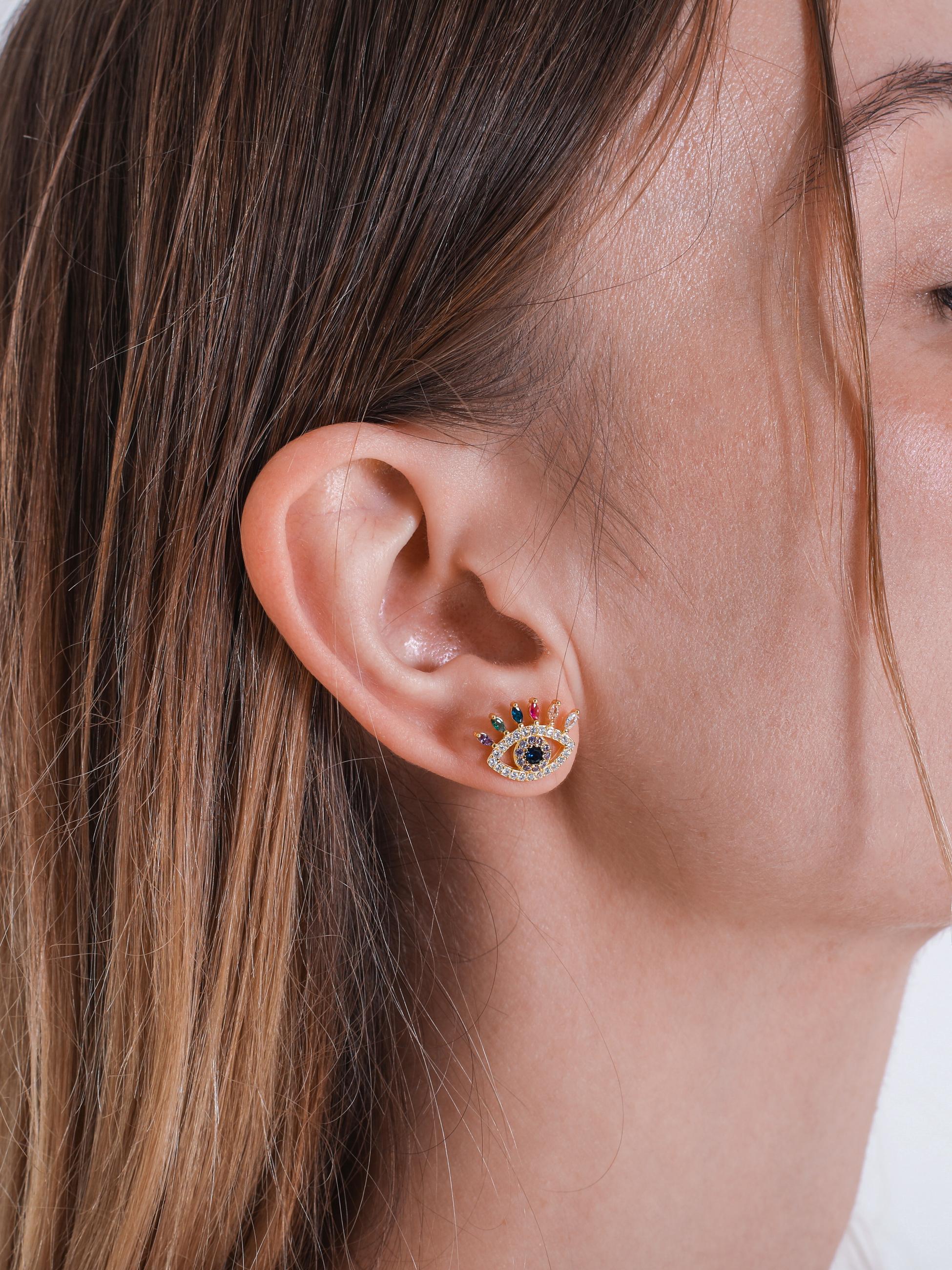 Kimolos-Rainbow Eye 925 Ayar Gümüş Zirkon Ve Renkli Baget Taşlı Göz Küpe-Küpe-2-Milagron.com