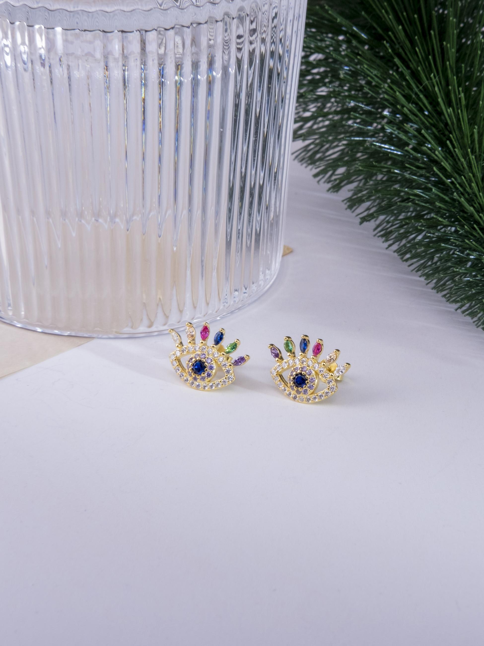 Kimolos-Rainbow Eye 925 Ayar Gümüş Zirkon Ve Renkli Baget Taşlı Göz Küpe-Küpe-3-Milagron.com