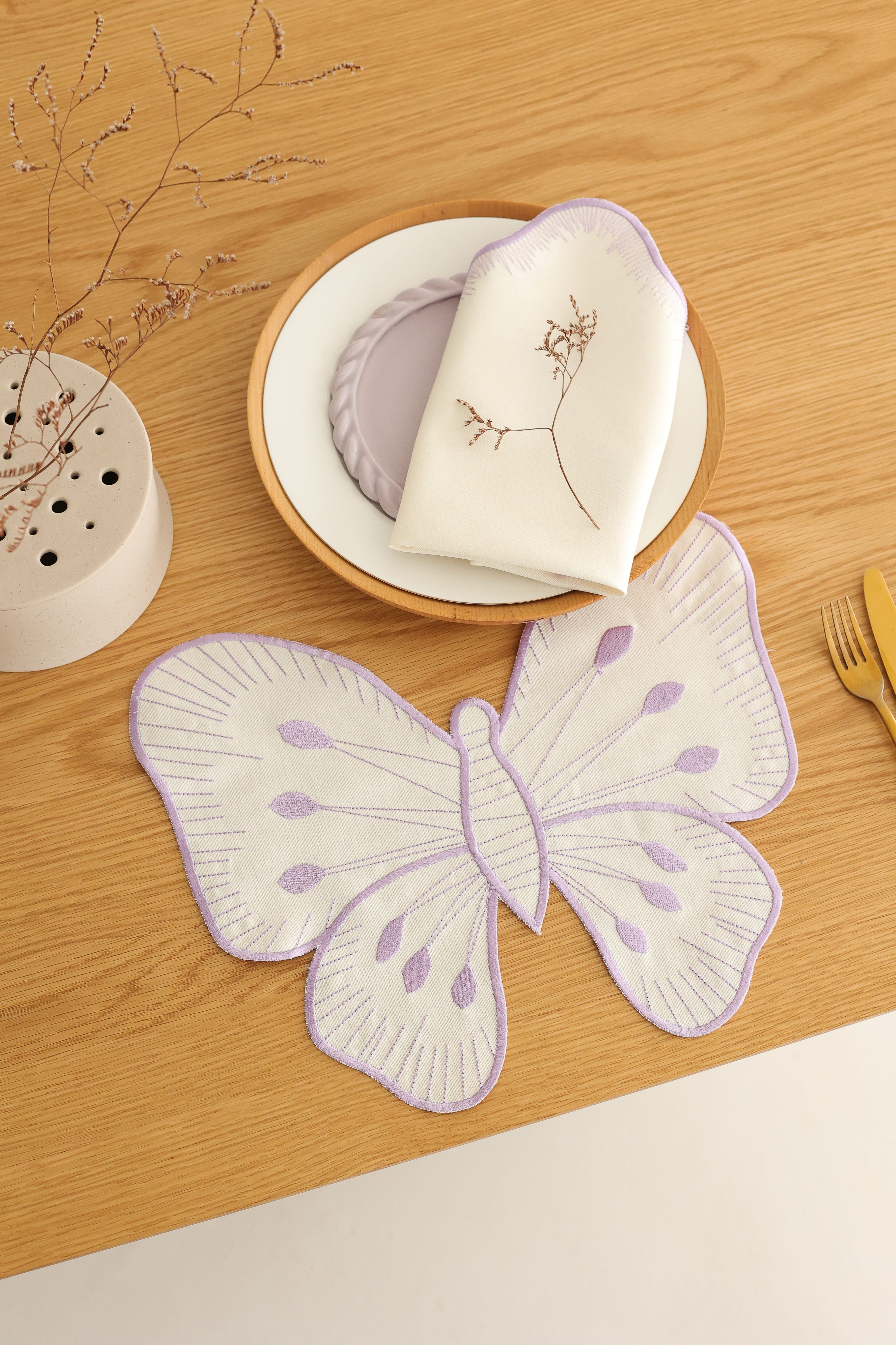 Km Home Collection-2'li Set Lila Kelebek Pamuk Amerikan Servis-2-Milagron.com