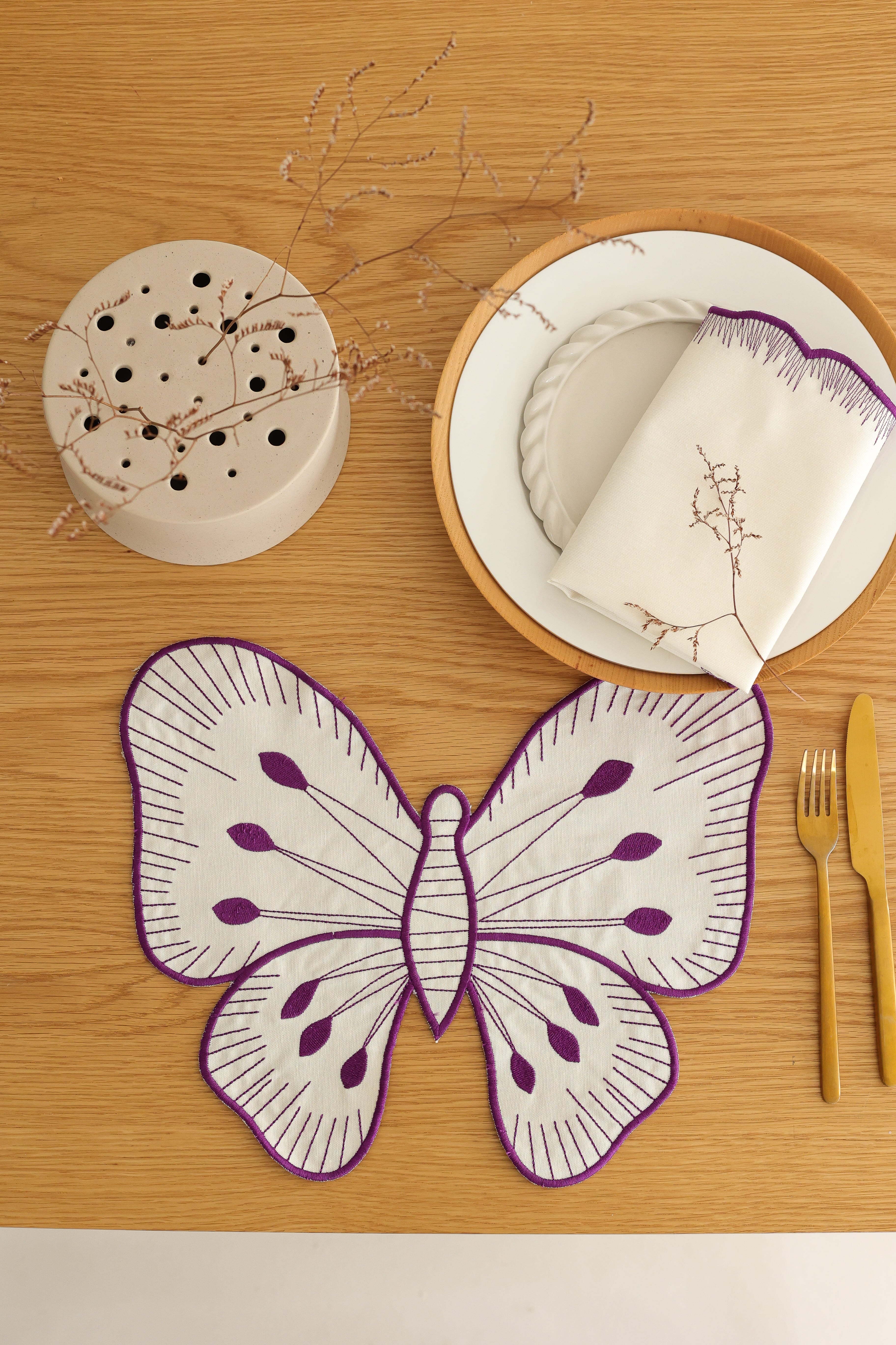 Km Home Collection-2'li Set Mor Kelebek Pamuk Amerikan Servis-Sunum Aksesuarları-1-Milagron.com