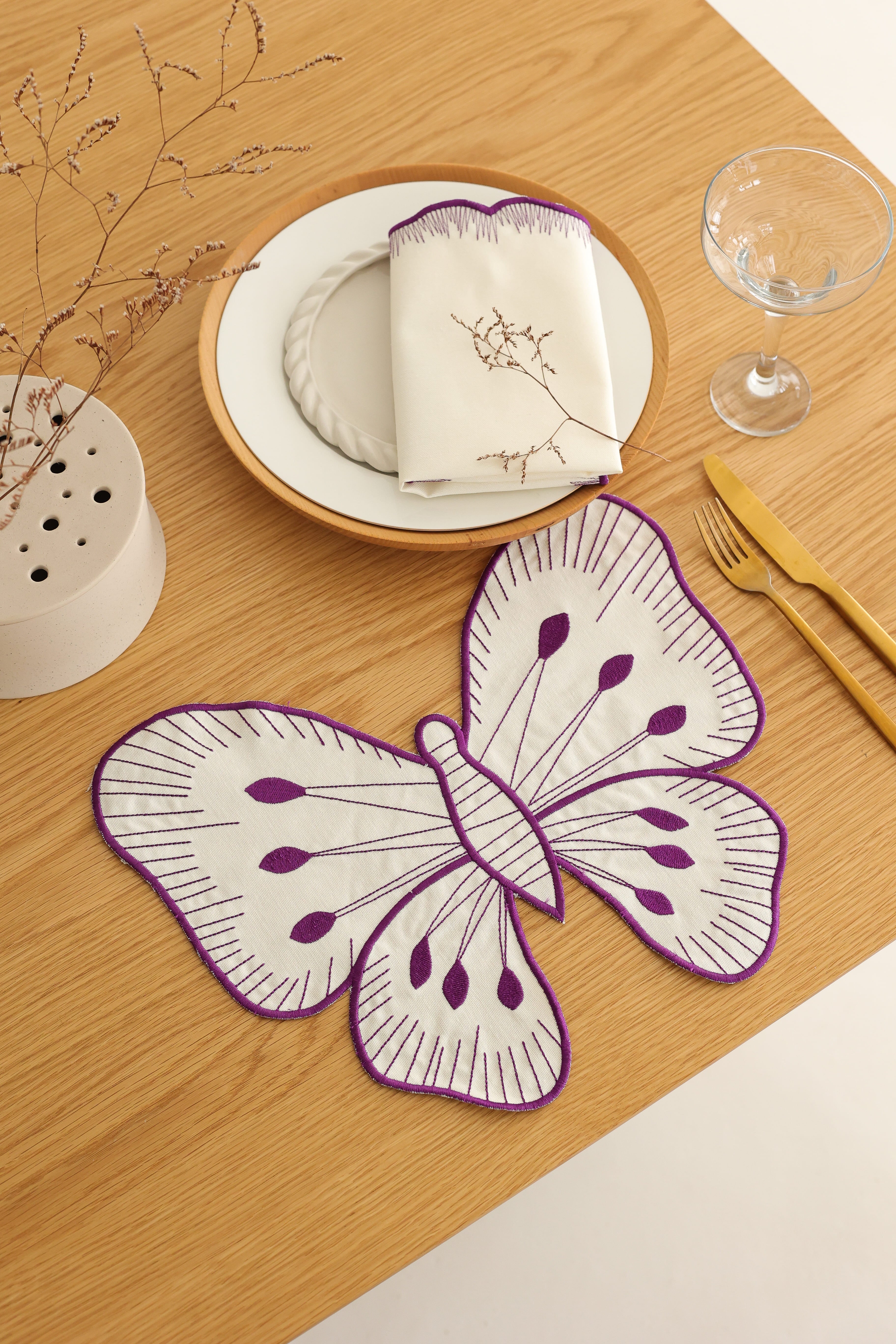 Km Home Collection-2'li Set Mor Kelebek Pamuk Amerikan Servis-Sunum Aksesuarları-3-Milagron.com