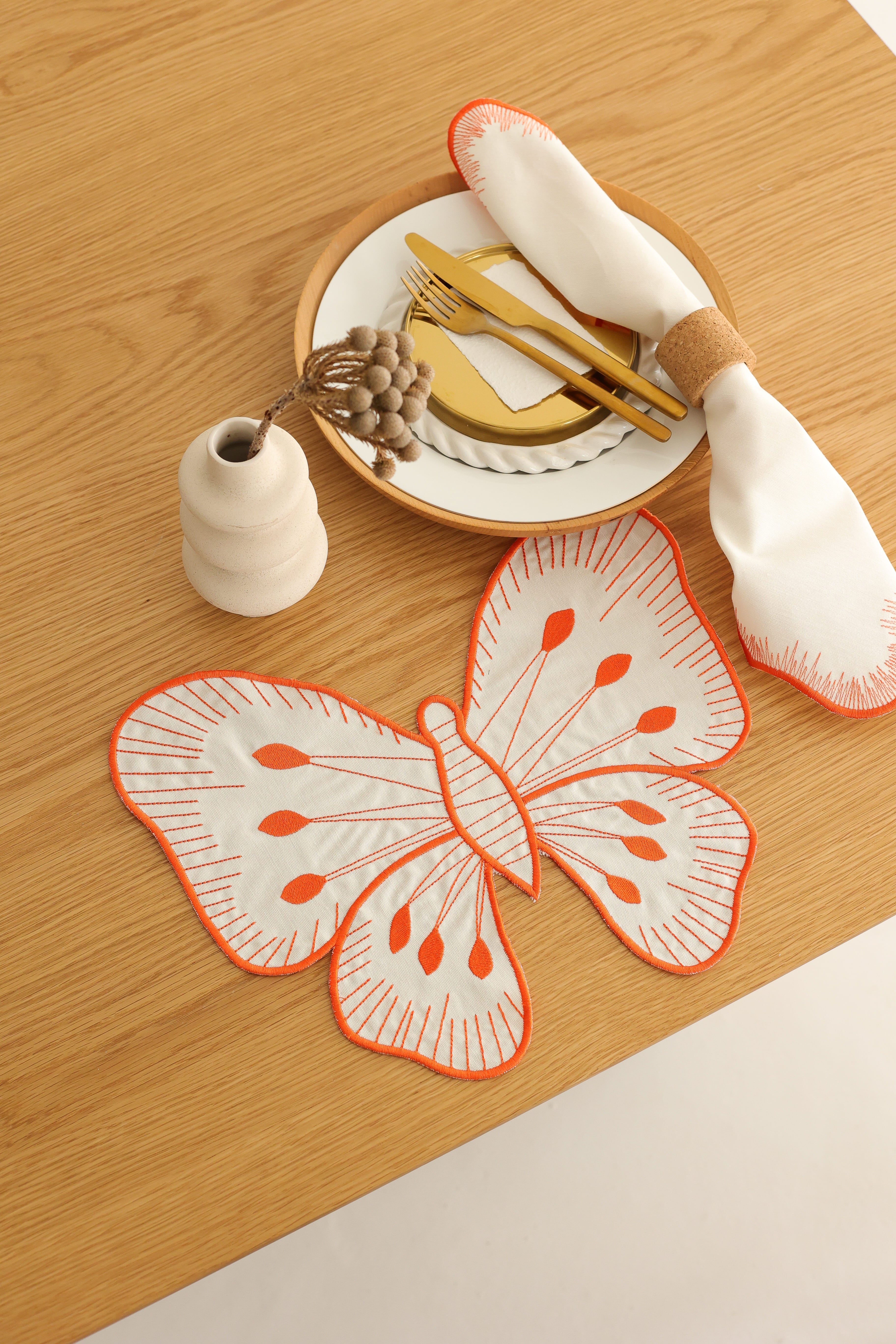 Km Home Collection-2'li Set Turuncu Kelebek Pamuk Amerikan Servis-Sunum Aksesuarları-3-Milagron.com