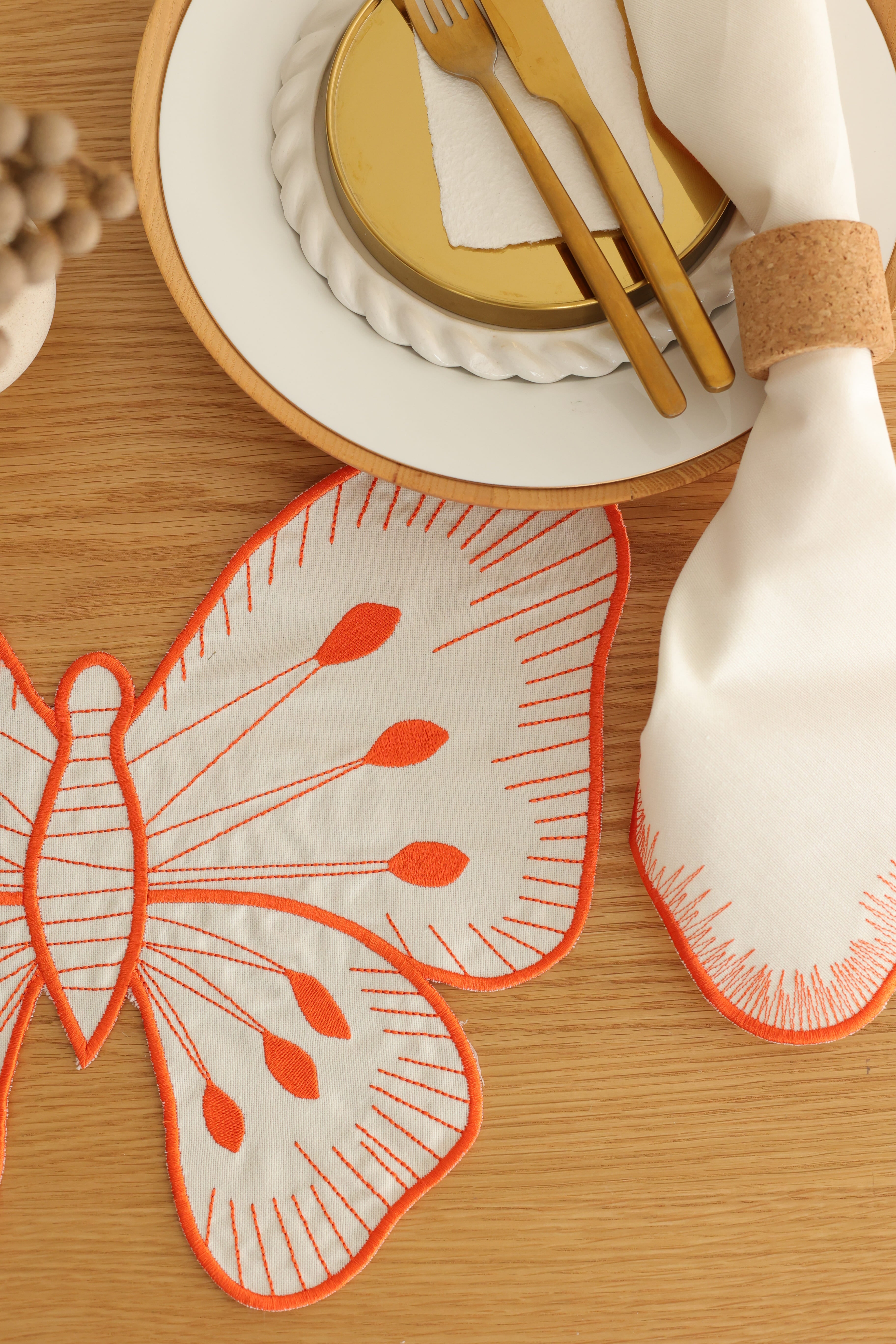 Km Home Collection-2'li Set Turuncu Kelebek Pamuk Amerikan Servis-Sunum Aksesuarları-5-Milagron.com