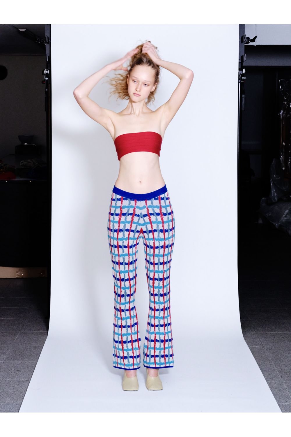 Knitly Studio-Plaid Flare Triko Pantolon-Pantolon-1-Milagron.com