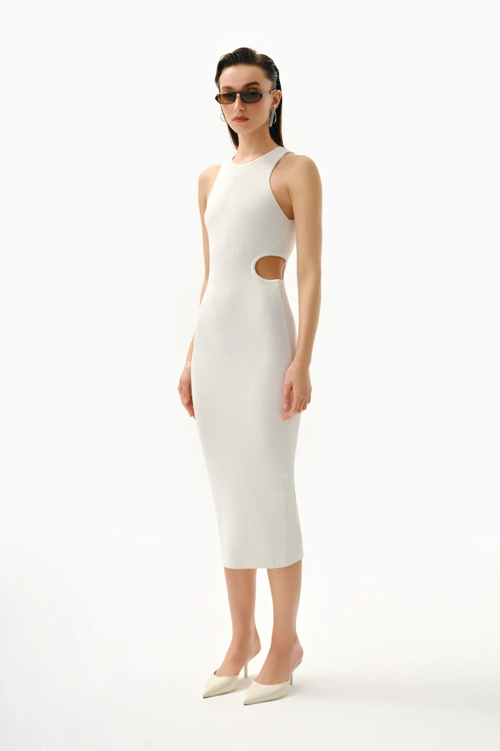 Kntlgy-Asimetrik Dekolteli Beyaz Triko Elbise-Elbise-3-Milagron.com