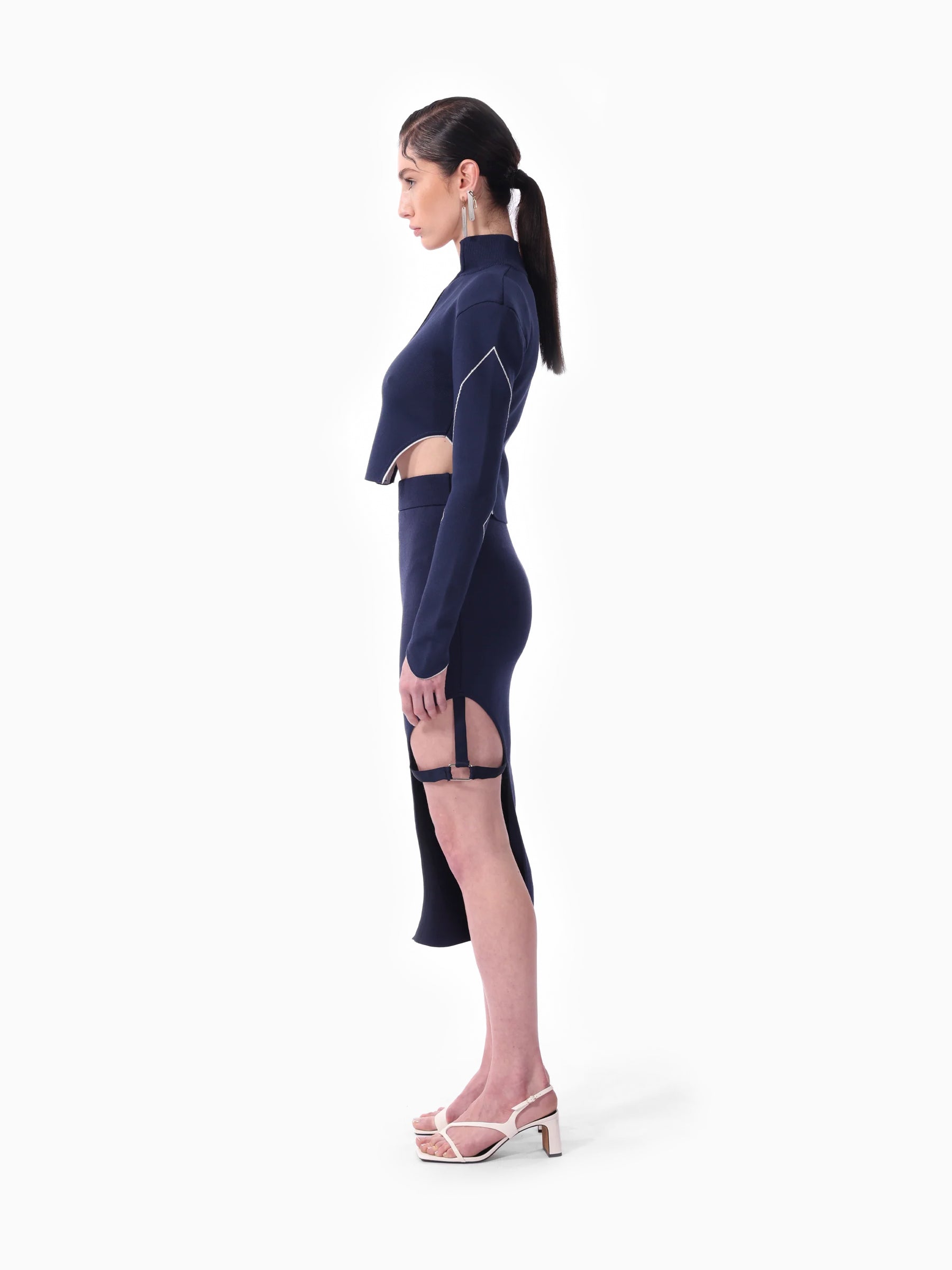 Kntlgy-Lacivert Asimetrik Triko Midi Etek-Etek-3-Milagron.com