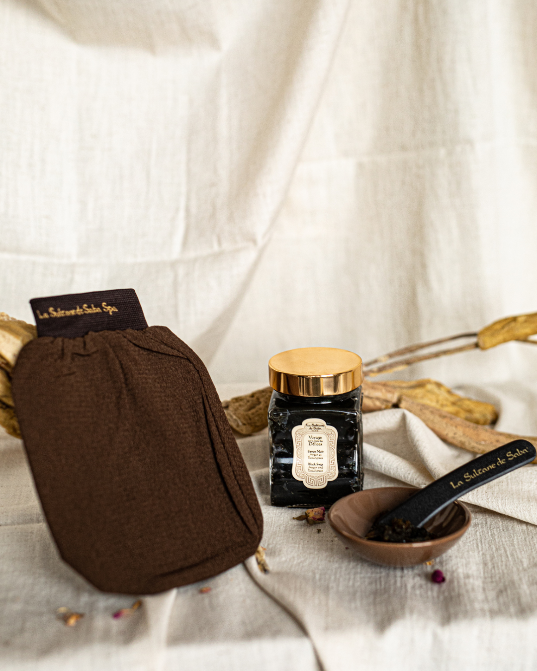 La Sultane De Saba-Ideal Couple: Real Black Soap With Eucalyptus Essential Oil + Kessa Glove-1-Milagron.com