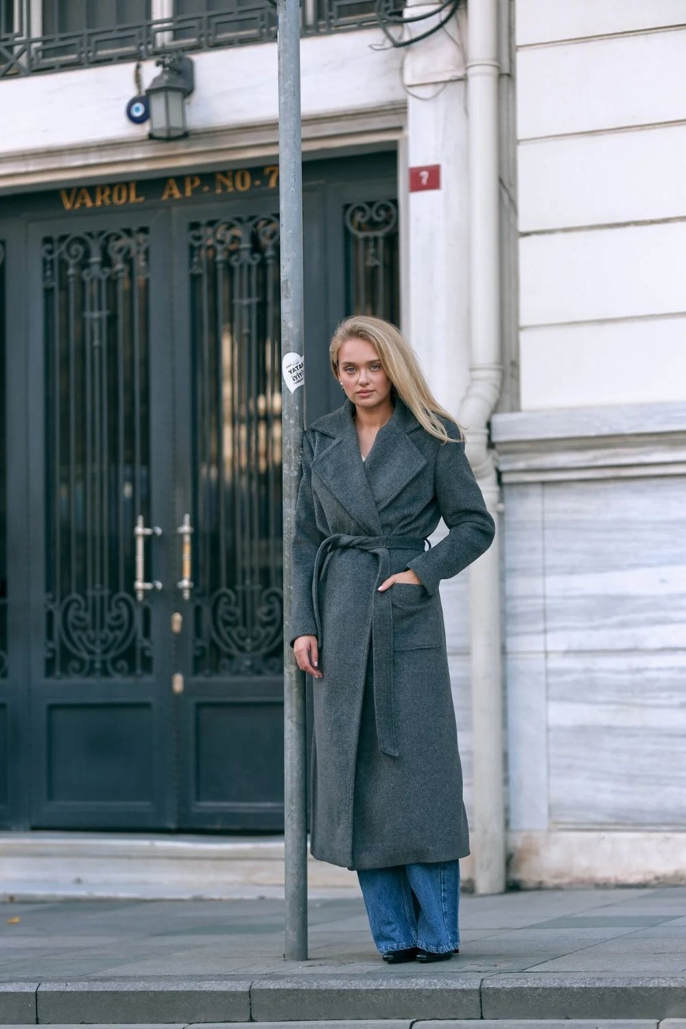 Kruvaze Kaşe Kaban Gri - 1