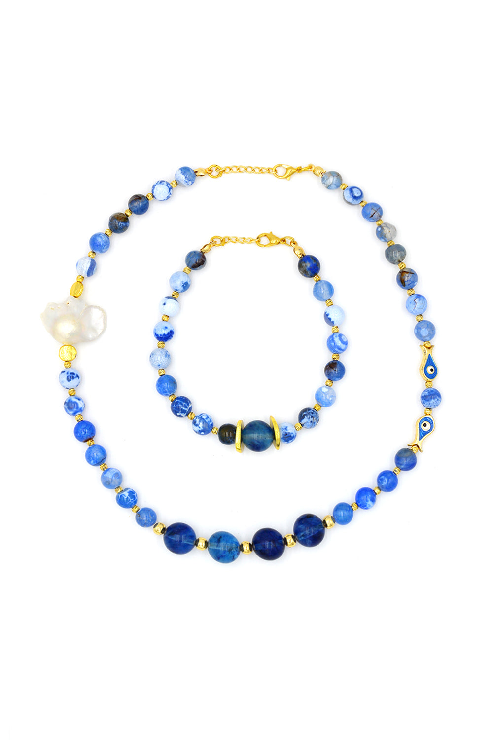 Barok İnci Detaylı Mavi Akik Taşlı Kolye & Bileklik Seti - 0