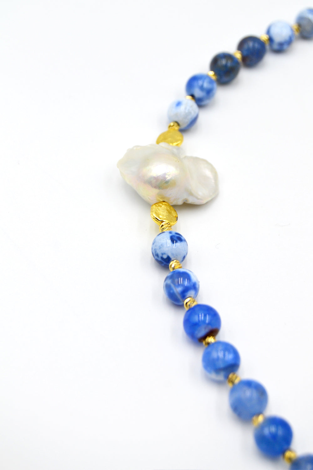 Barok İnci Detaylı Mavi Akik Taşlı Kolye & Bileklik Seti - 1