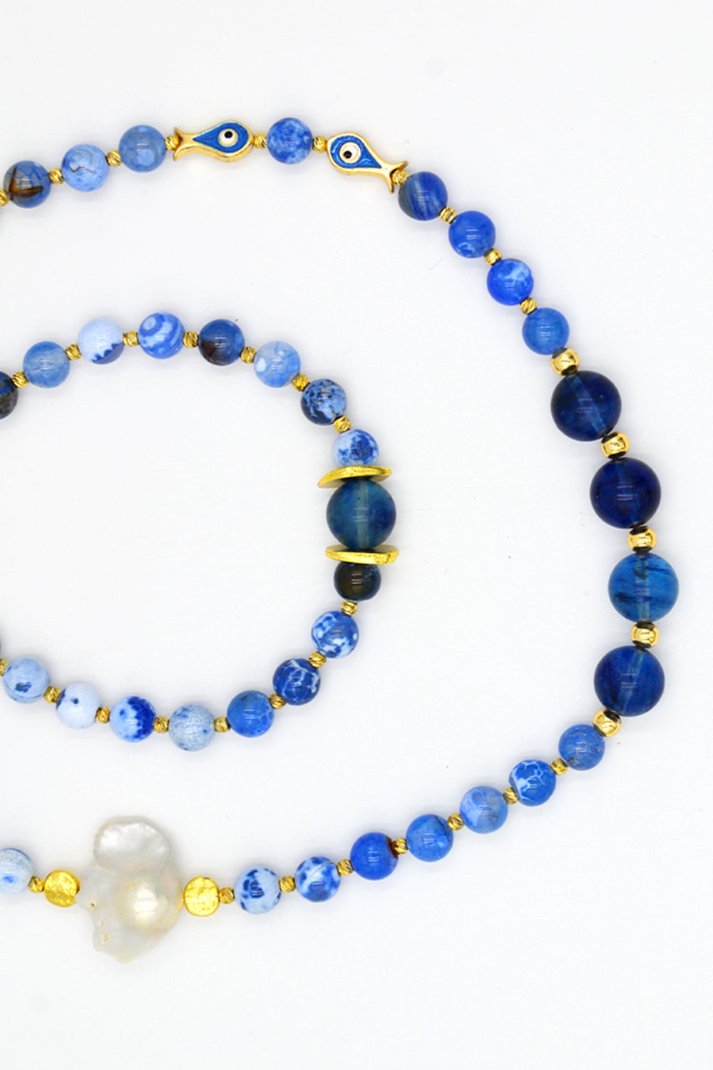 Barok İnci Detaylı Mavi Akik Taşlı Kolye & Bileklik Seti - 3