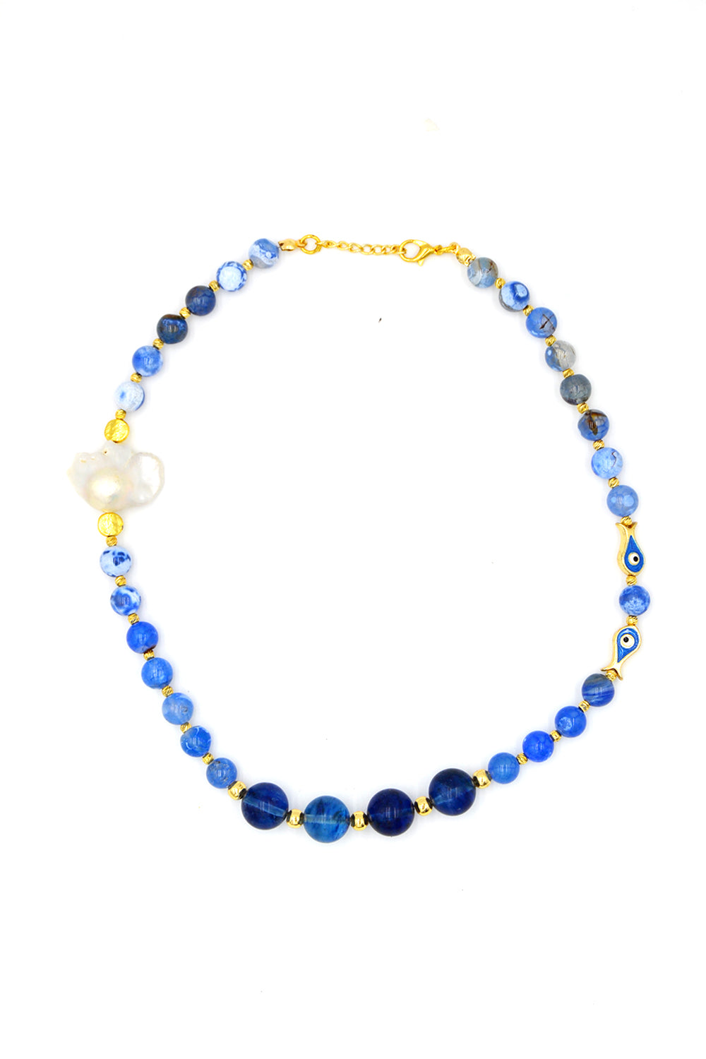 Barok İnci Detaylı Mavi Akik Taşlı Kolye & Bileklik Seti - 7