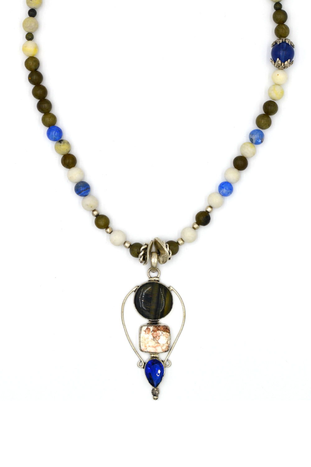 Havlit & Oniks Uçlu Mix Kolye – Yeşil, Krem, Mavi - 1