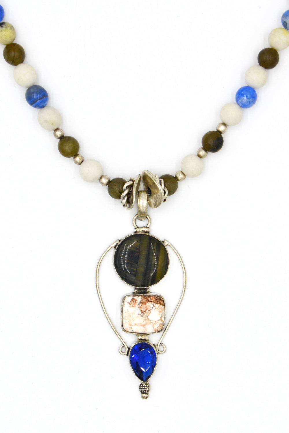 Havlit & Oniks Uçlu Mix Kolye – Yeşil, Krem, Mavi - 2