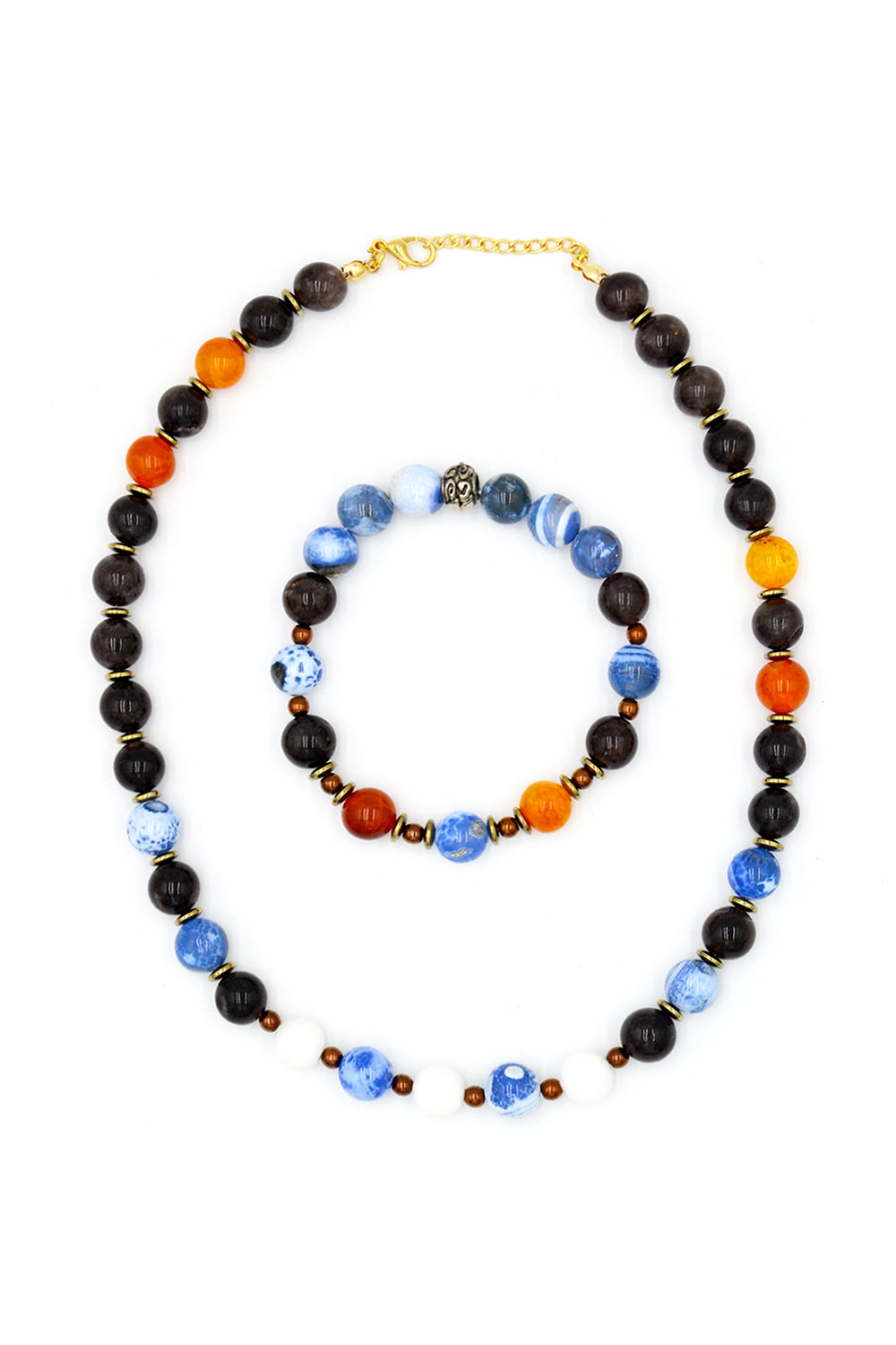 Mavi – Kahverengi – Turuncu Akik Taşlı Kolye & Bileklik Seti - 1