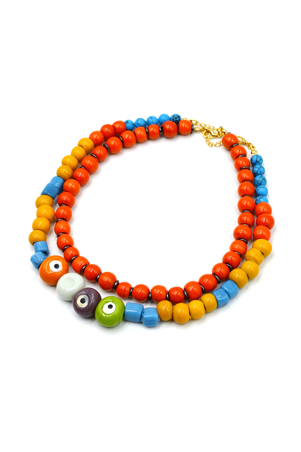 Turuncu Bodrum Boncuğu & Sarı– Mavi Göz Detaylı İkili Kolye - 0