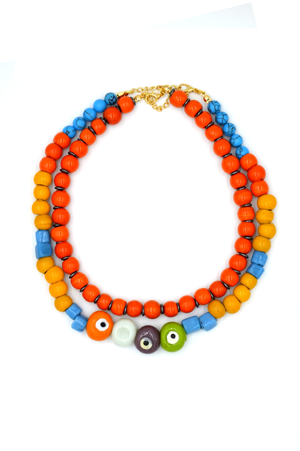 Turuncu Bodrum Boncuğu & Sarı– Mavi Göz Detaylı İkili Kolye - 2