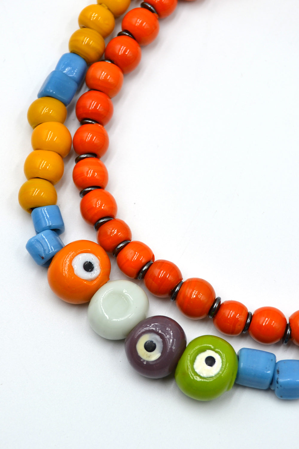 Turuncu Bodrum Boncuğu & Sarı– Mavi Göz Detaylı İkili Kolye - 4