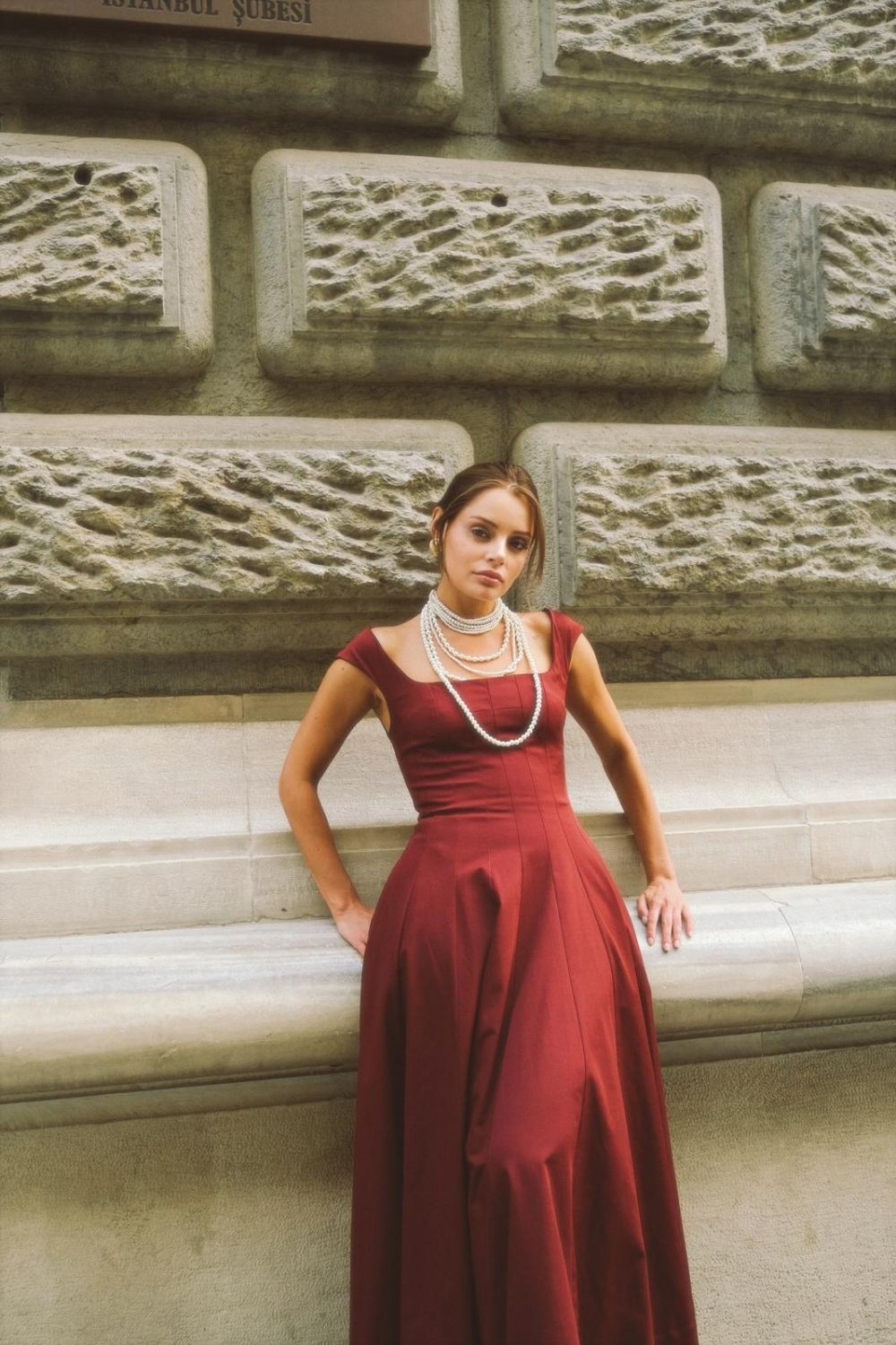 Luna Bordo Midi Elbise - 0