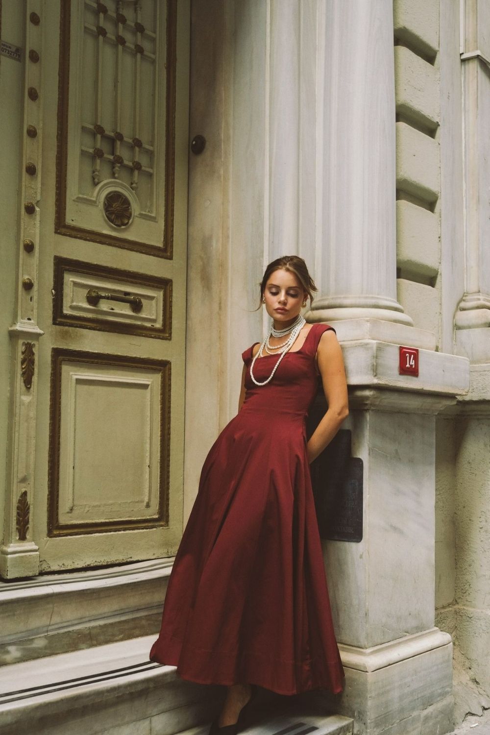 Luna Bordo Midi Elbise - 1