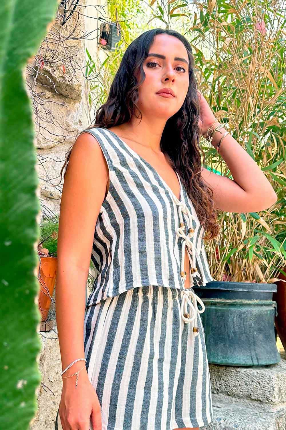 Le-Monade Dreams-Antrasit Çizgili Şort-Şort-4-Milagron.com