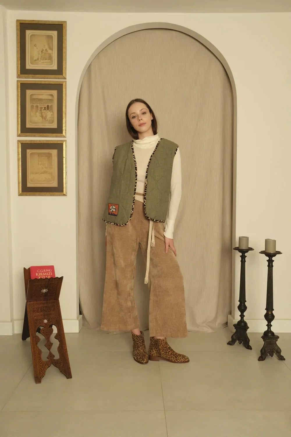 Le-Monade Dreams-Düz Haki Leopar Biye Detaylı Yelek-Yelek-3-Milagron.com