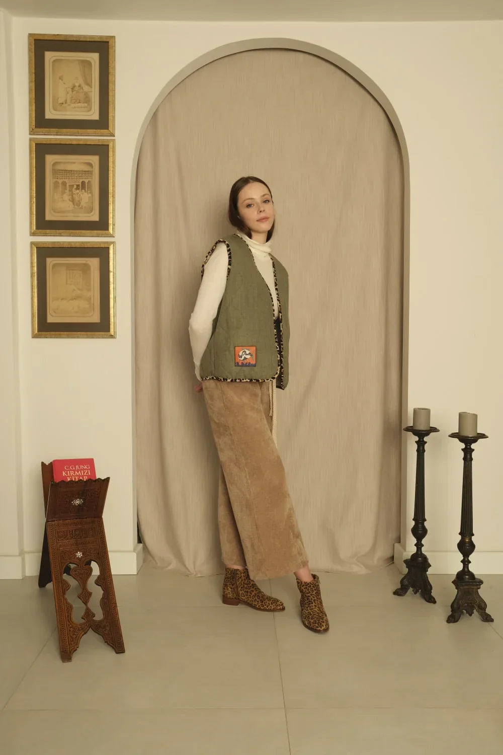 Le-Monade Dreams-Düz Haki Leopar Biye Detaylı Yelek-Yelek-4-Milagron.com