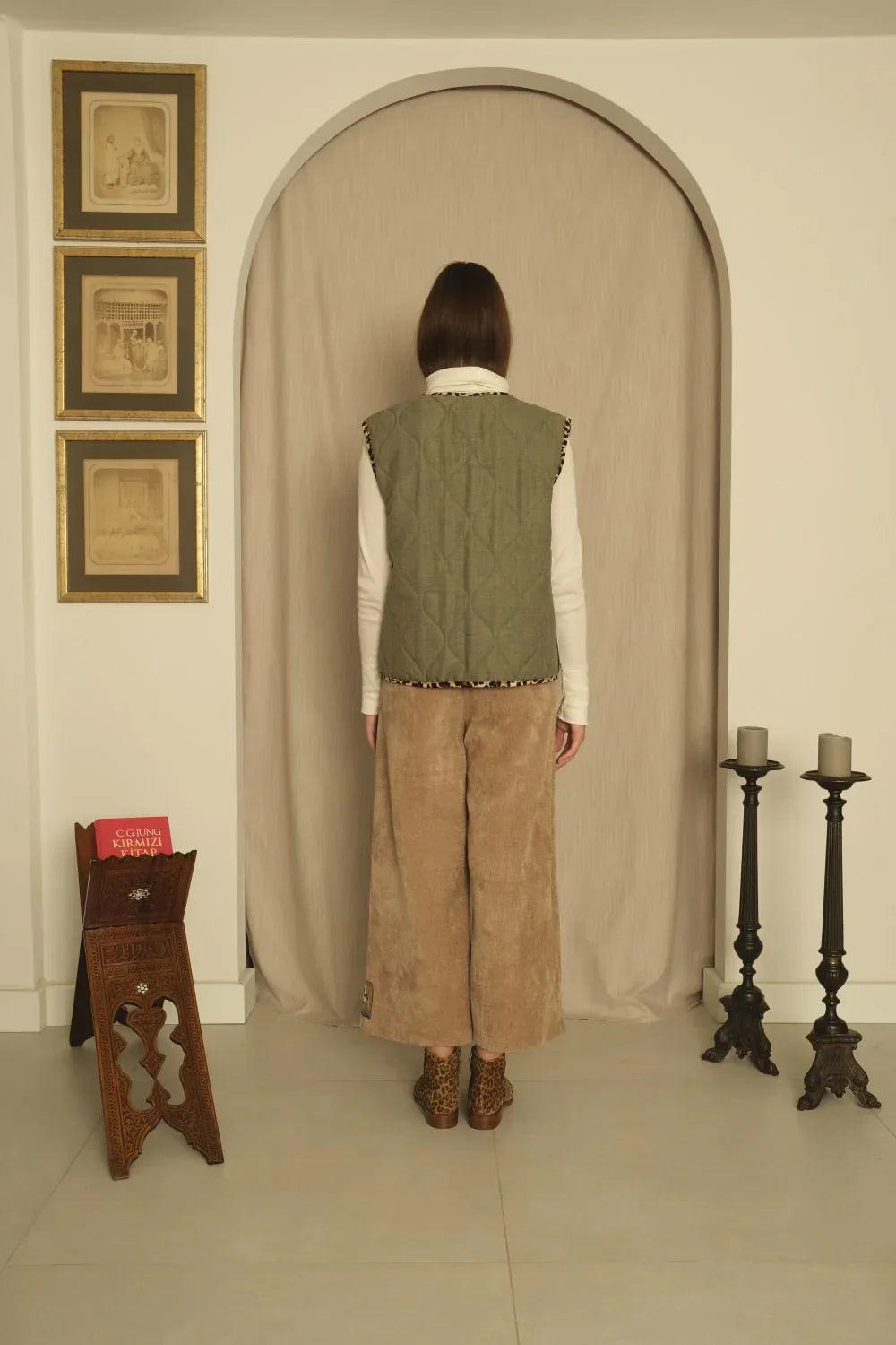 Le-Monade Dreams-Düz Haki Leopar Biye Detaylı Yelek-Yelek-5-Milagron.com