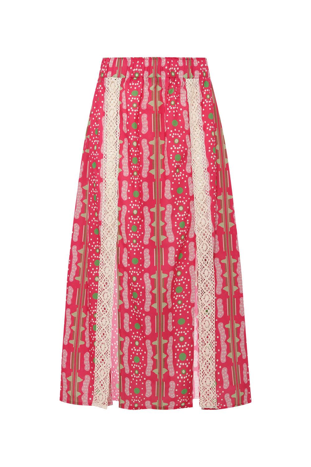 Le-Monade Dreams-Pembe Bulut Desenli Kopanaki Detaylı Önden Yırtmaçlı Etek-Etek-1-Milagron.com