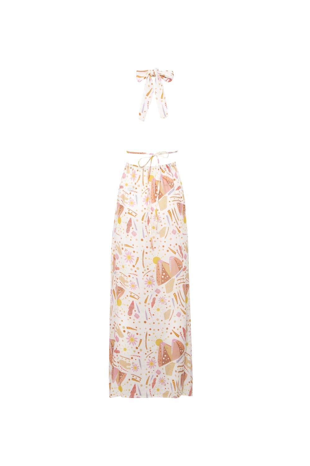 Le-Monade Dreams-SORUNLU - Ekru Pembe Boyundan Bağlamalı Sırt Detaylı Desenli Uzun Elbise-Elbise-2-Milagron.com