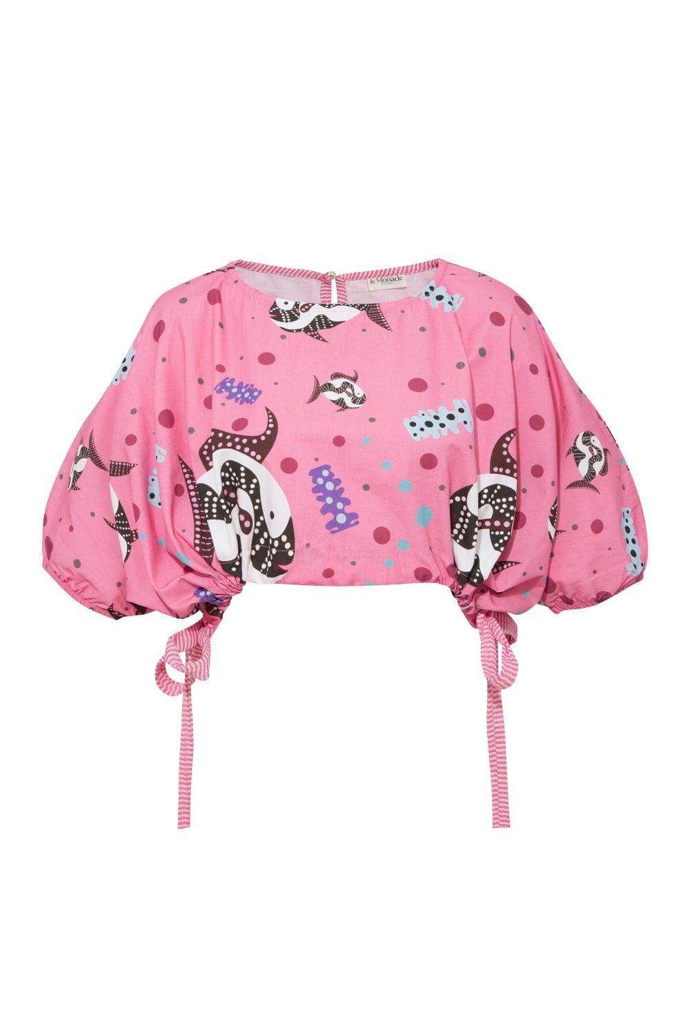 Le-Monade Dreams-SORUNLU - Pembe Balık Desenli Yandan Bağlamalı Kısa Bluz-Bluz-1-Milagron.com