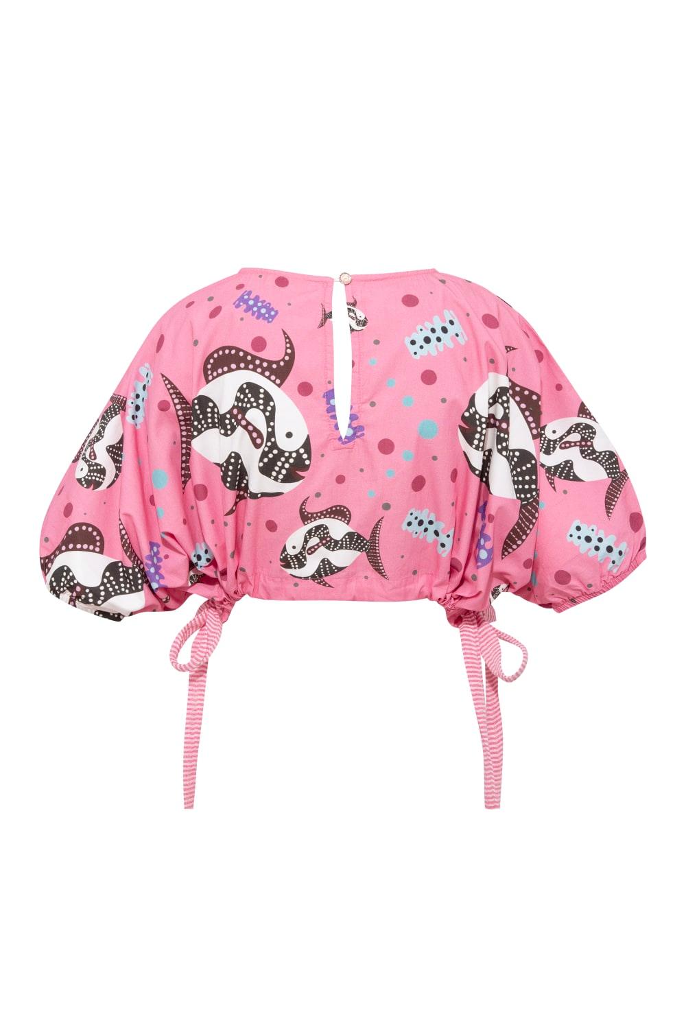 Le-Monade Dreams-SORUNLU - Pembe Balık Desenli Yandan Bağlamalı Kısa Bluz-Bluz-2-Milagron.com