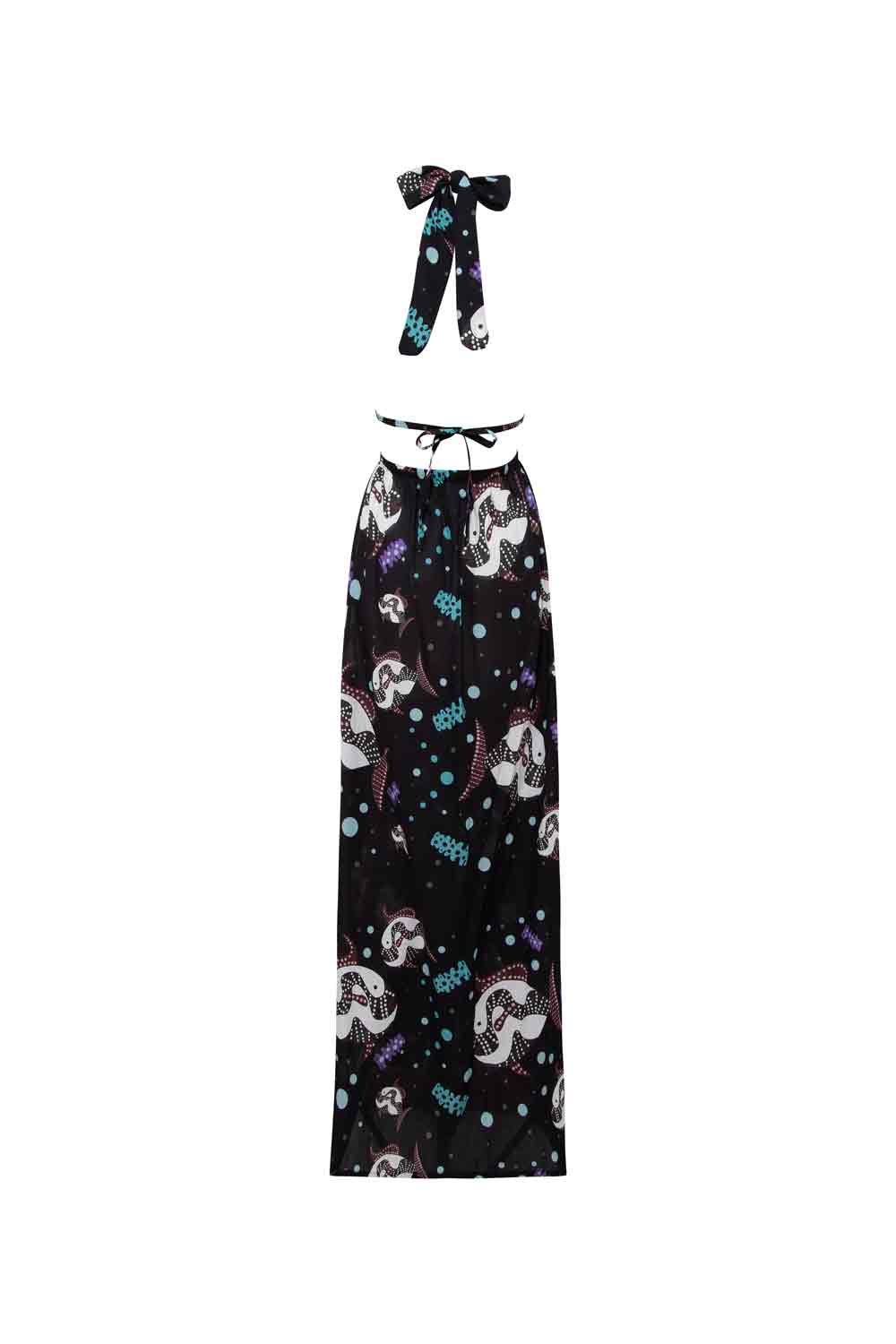 Le-Monade Dreams-Siyah Balık Desenli Boyundan Bağlamalı Uzun Elbise-Elbise-2-Milagron.com